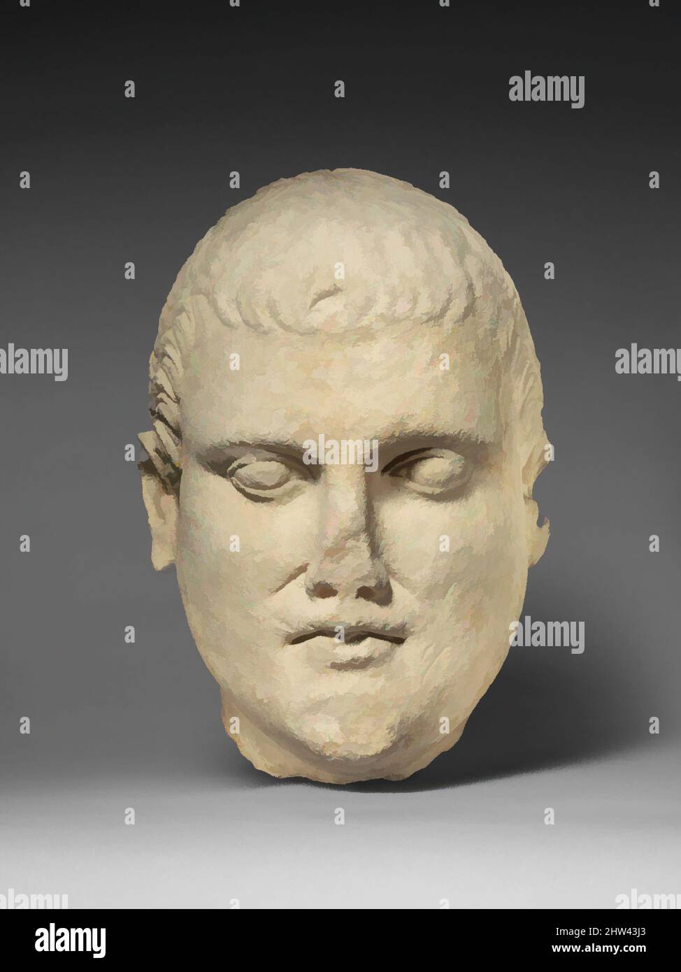 Art inspired by Limestone head of beardless male votary, Hellenistic, early 1st century B.C., Cypriot, Limestone, 10 7/8 x 8 1/4 x 7 in. (27.6 x 21 x 17.8 cm), Stone Sculpture, The lower portion of the face is heavy, the chin juts out. The half-open mouth has a severe expression. The, Classic works modernized by Artotop with a splash of modernity. Shapes, color and value, eye-catching visual impact on art. Emotions through freedom of artworks in a contemporary way. A timeless message pursuing a wildly creative new direction. Artists turning to the digital medium and creating the Artotop NFT Stock Photo