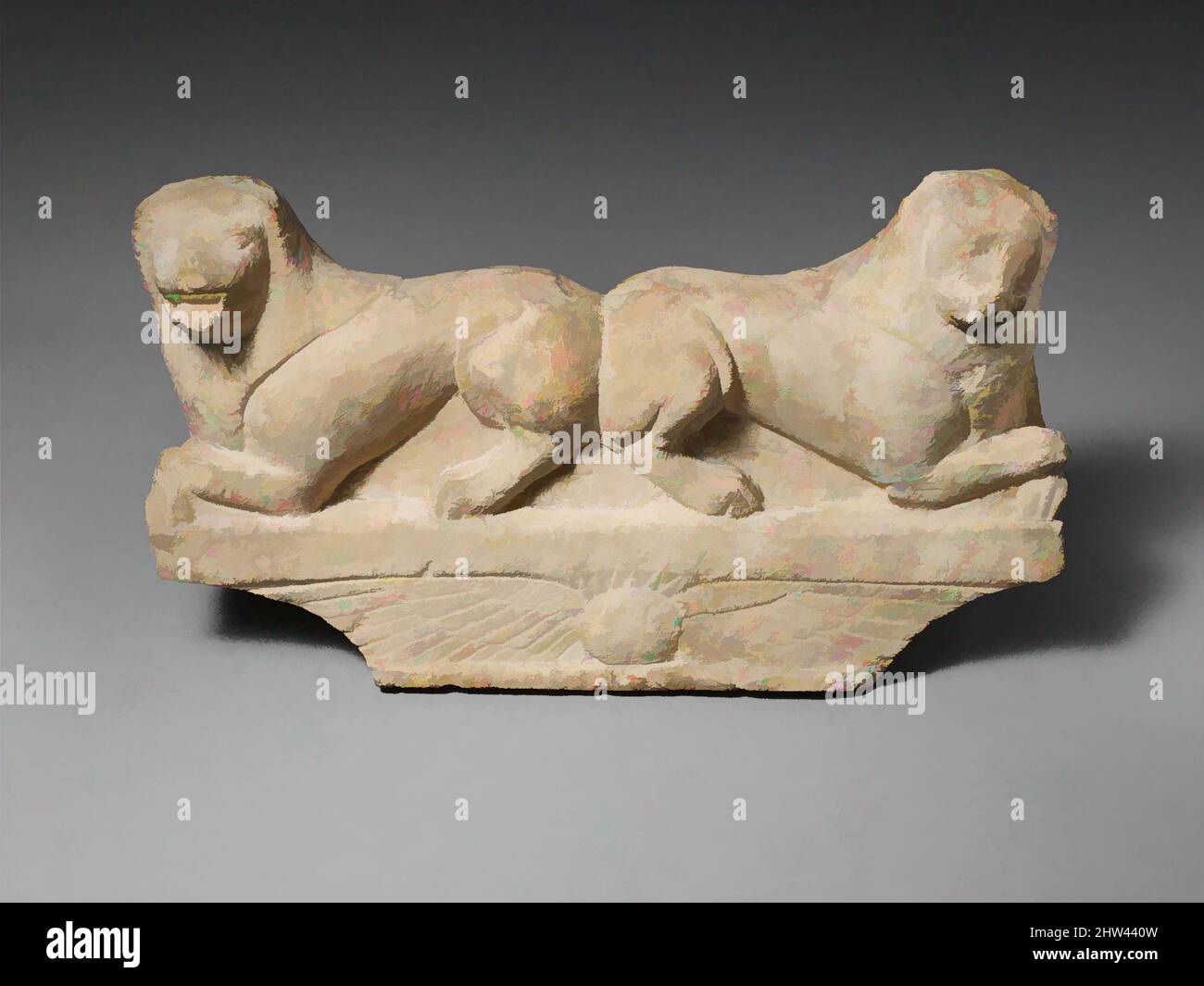 Art inspired by Limestone finial of a funerary stele with two recumbent lions, Archaic, late 6th or early 5th century B.C., Cypriot, Limestone, Overall: 13 1/4 x 24 1/2 x 7 in. (33.7 x 62.2 x 17.8 cm), Stone Sculpture, The cavetto finial is decorated with a winged disk; on the, Classic works modernized by Artotop with a splash of modernity. Shapes, color and value, eye-catching visual impact on art. Emotions through freedom of artworks in a contemporary way. A timeless message pursuing a wildly creative new direction. Artists turning to the digital medium and creating the Artotop NFT Stock Photo