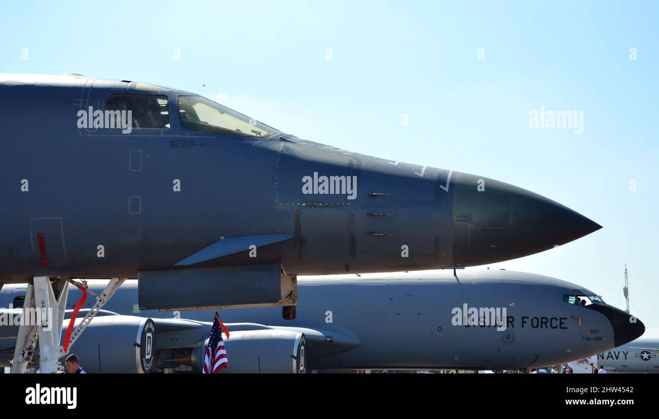Rockwell B-1B Lancer Bomber and Boeing KC-135 Tanker of the United States Air Force Stock Photo