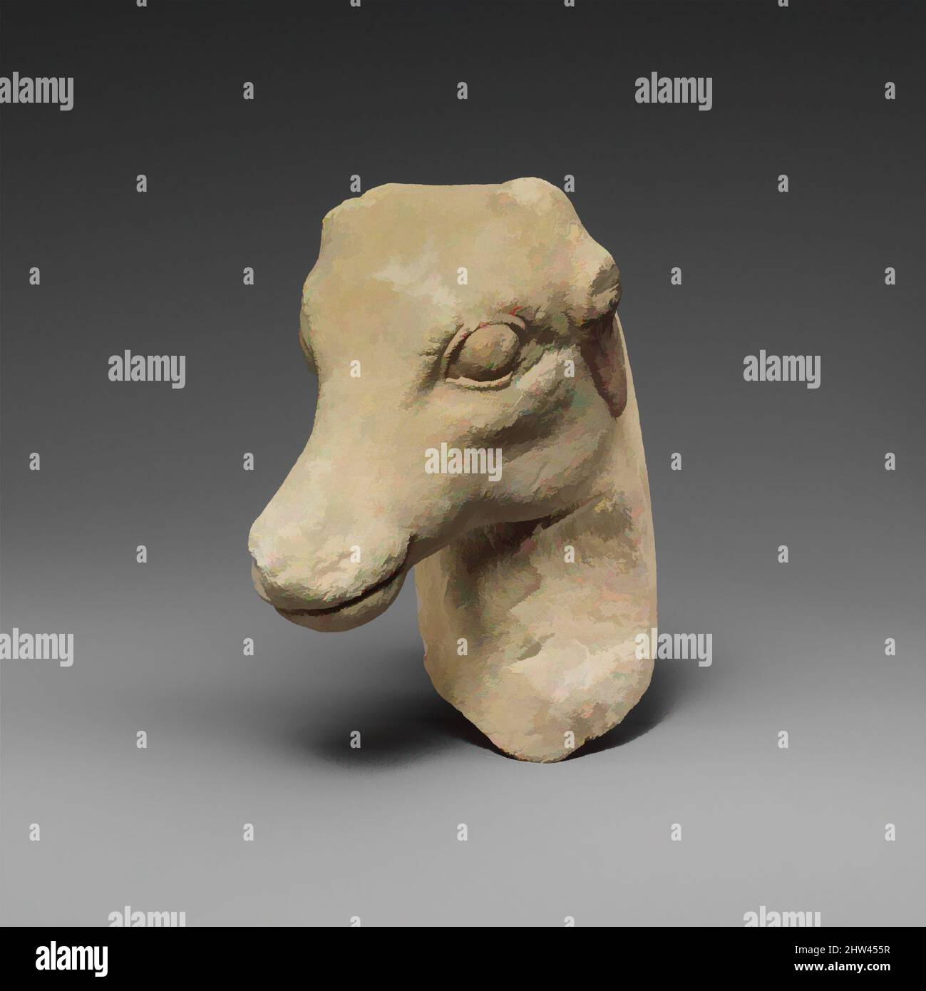 Art inspired by Limestone head of a deer, Archaic, late 6th or early 5th century B.C., Cypriot, Limestone, Overall: 5 1/4 x 3 1/8 x 4 3/4 in. (13.3 x 7.9 x 12.1 cm), Stone Sculpture, The small head of a deer has laid back ears painted red and horns visible on the head. The glottis, Classic works modernized by Artotop with a splash of modernity. Shapes, color and value, eye-catching visual impact on art. Emotions through freedom of artworks in a contemporary way. A timeless message pursuing a wildly creative new direction. Artists turning to the digital medium and creating the Artotop NFT Stock Photo