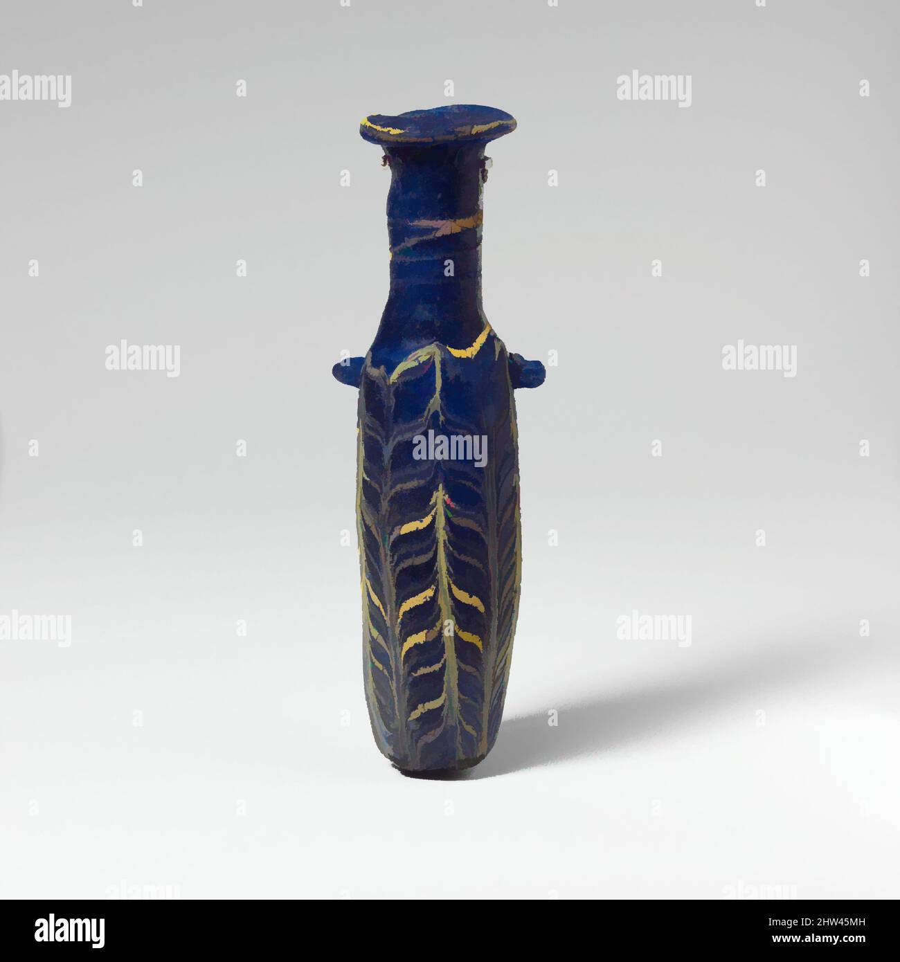 Art inspired by Glass alabastron (perfume bottle), Hellenistic, 3rd–2nd century B.C., Greek, Eastern Mediterranean, Glass; core-formed, Group III, H.: 5 1/2 in. (14 cm), Glass, Translucent cobalt blue, with handles in same color; trails in opaque yellow. Uneven, almost horizontal rim-, Classic works modernized by Artotop with a splash of modernity. Shapes, color and value, eye-catching visual impact on art. Emotions through freedom of artworks in a contemporary way. A timeless message pursuing a wildly creative new direction. Artists turning to the digital medium and creating the Artotop NFT Stock Photo