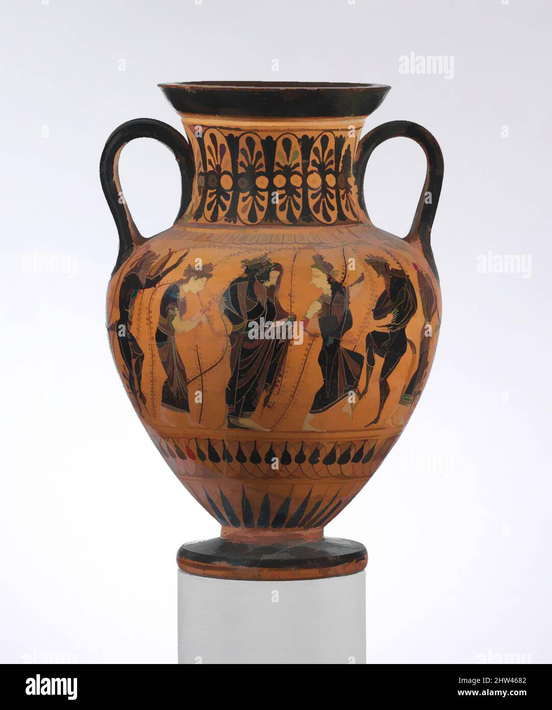 Art inspired by Terracotta neck-amphora (jar), Archaic, last quarter of 6th century B.C., Greek, Attic, Terracotta; black-figure, H.: 11 5/16 in. (28.7 cm), Vases, Obverse, Dionysos and Ariadne with satyrs and maenads Reverse, Departure of warriors with chariot, Classic works modernized by Artotop with a splash of modernity. Shapes, color and value, eye-catching visual impact on art. Emotions through freedom of artworks in a contemporary way. A timeless message pursuing a wildly creative new direction. Artists turning to the digital medium and creating the Artotop NFT Stock Photo