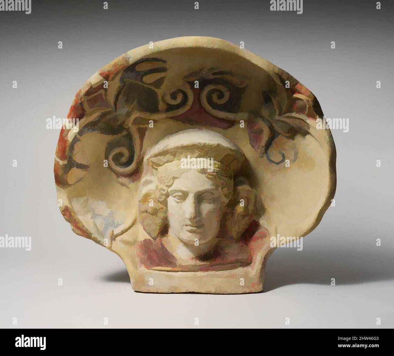 Art inspired by Terracotta antefix (roof tile) with head of a maenad, Late Classical, late 4th century B.C., Etruscan, Cerveteri, Terracotta, 19 1/2 x 20 1/2in. (49.5 x 52.1cm), Terracottas, On temple roofs, maenad antefixes often alternate with satyr-head antefixes. Here, the maenad, Classic works modernized by Artotop with a splash of modernity. Shapes, color and value, eye-catching visual impact on art. Emotions through freedom of artworks in a contemporary way. A timeless message pursuing a wildly creative new direction. Artists turning to the digital medium and creating the Artotop NFT Stock Photo
