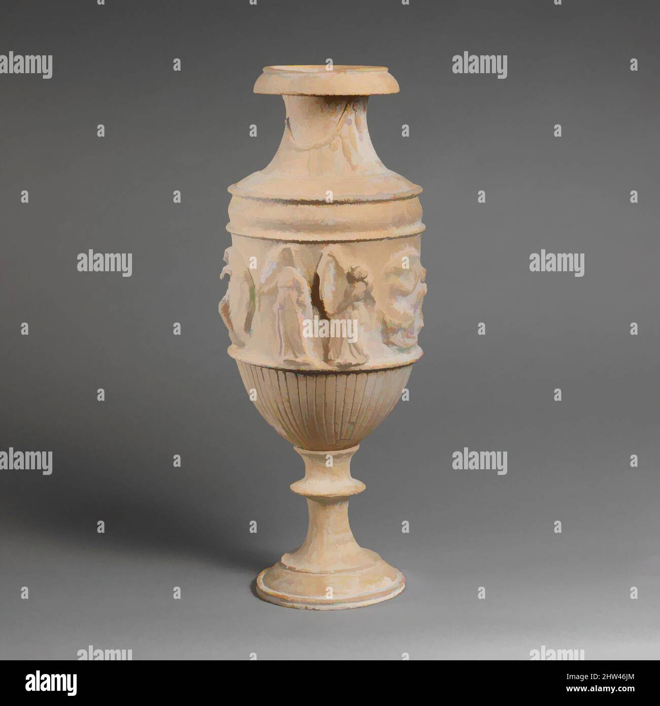 Art inspired by Terracotta vase with relief decoration, Hellenistic, 1st half of the 2nd century B.C., Greek, South Italian, Tarentine, Terracotta, H. with lid 21 in. (53.4 cm), Vases, Erotes, Athena, Nike, and lyre-players During the third century B.C., Tarentum fell under the, Classic works modernized by Artotop with a splash of modernity. Shapes, color and value, eye-catching visual impact on art. Emotions through freedom of artworks in a contemporary way. A timeless message pursuing a wildly creative new direction. Artists turning to the digital medium and creating the Artotop NFT Stock Photo