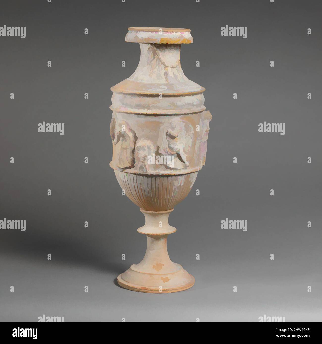 Art inspired by Terracotta vase with relief decoration, Hellenistic, 1st half of the 2nd century B.C., Greek, South Italian, Tarentine, Terracotta, H. with lid 21 1/16 in. (53.5 cm), Vases, Erotes, Athena, Nike, and lyre-players During the third century B.C. Tarentum fell under the, Classic works modernized by Artotop with a splash of modernity. Shapes, color and value, eye-catching visual impact on art. Emotions through freedom of artworks in a contemporary way. A timeless message pursuing a wildly creative new direction. Artists turning to the digital medium and creating the Artotop NFT Stock Photo