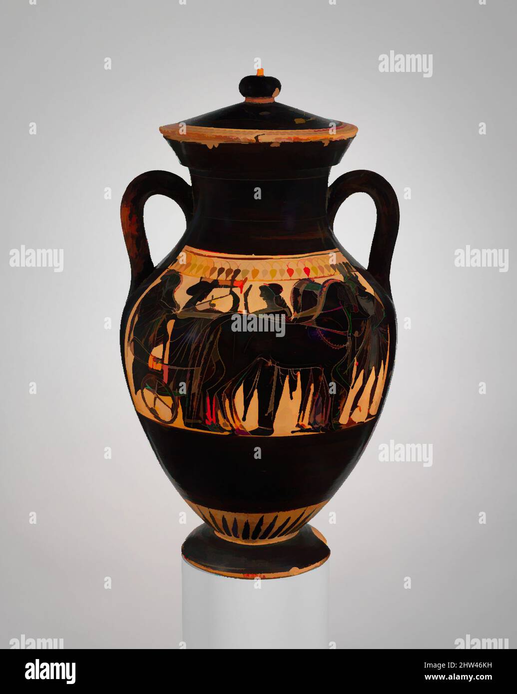 Art inspired by Terracotta amphora (jar) with lid, Archaic, last quarter of 6th century B.C., Greek, Attic, Terracotta; black-figure, Overall: 17 3/8in. (44.2cm), Vases, Obverse, chariot with gods Reverse, warrior arming It is rare for a lid to be preserved with the vase for which it, Classic works modernized by Artotop with a splash of modernity. Shapes, color and value, eye-catching visual impact on art. Emotions through freedom of artworks in a contemporary way. A timeless message pursuing a wildly creative new direction. Artists turning to the digital medium and creating the Artotop NFT Stock Photo