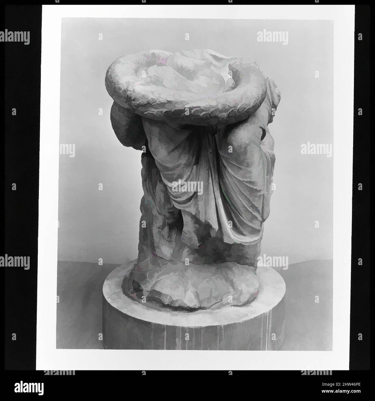 Art inspired by Lower part of a marble seated statue of Hygieia, Imperial, 1st or 2nd century A.D., Roman, Marble, H. 50 in. (127.0 cm), Stone Sculpture, Copy or adaptation of a Greek work of the 3rd or 2nd century B.C. Hygieia, the personification of Health, was the daughter of, Classic works modernized by Artotop with a splash of modernity. Shapes, color and value, eye-catching visual impact on art. Emotions through freedom of artworks in a contemporary way. A timeless message pursuing a wildly creative new direction. Artists turning to the digital medium and creating the Artotop NFT Stock Photo