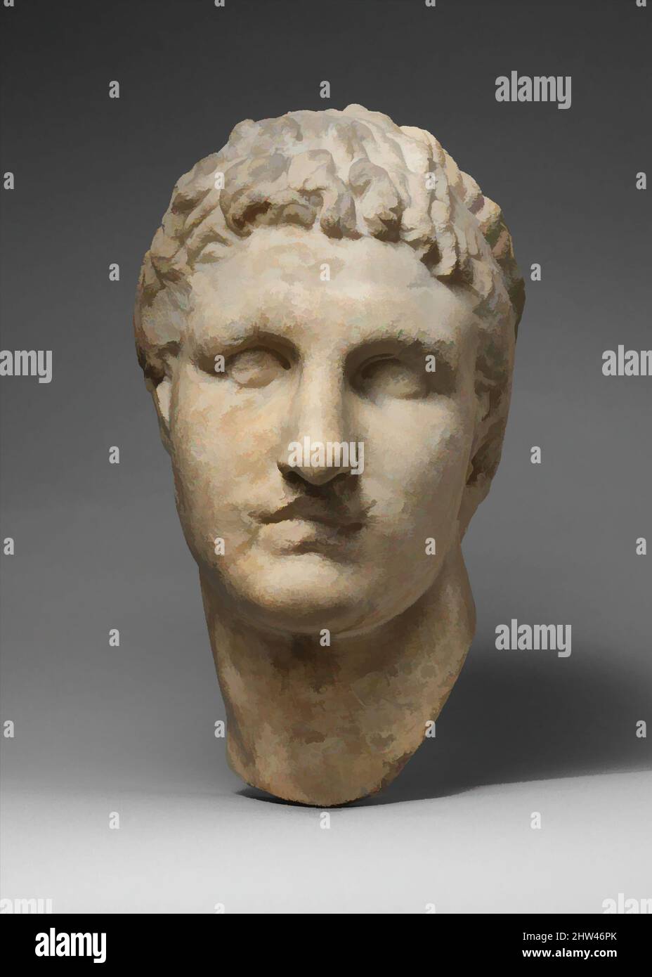 Art inspired by Marble head of a Hellenistic ruler, Imperial, 1st–2nd century A.D., Roman, Marble, H. 14 9/16 in. (37 cm.), Stone Sculpture, Copy or adaptation of a Greek portrait of the early 3rd century B.C. The flat fillet worn by this young man is an insignium of kingship. He has, Classic works modernized by Artotop with a splash of modernity. Shapes, color and value, eye-catching visual impact on art. Emotions through freedom of artworks in a contemporary way. A timeless message pursuing a wildly creative new direction. Artists turning to the digital medium and creating the Artotop NFT Stock Photo