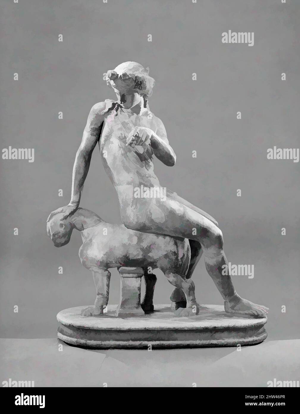 Art inspired by Marble statue of Dionysos seated on a panther, Imperial, 1st–2nd A.D., Roman, Marble, Overall: 56 3/8 in. (143.2 cm), Stone Sculpture, The Latin inscription translates as: Philetus, a freeman of the Augusti, willingly fulfilled his dedication to the Invincible God, Classic works modernized by Artotop with a splash of modernity. Shapes, color and value, eye-catching visual impact on art. Emotions through freedom of artworks in a contemporary way. A timeless message pursuing a wildly creative new direction. Artists turning to the digital medium and creating the Artotop NFT Stock Photo