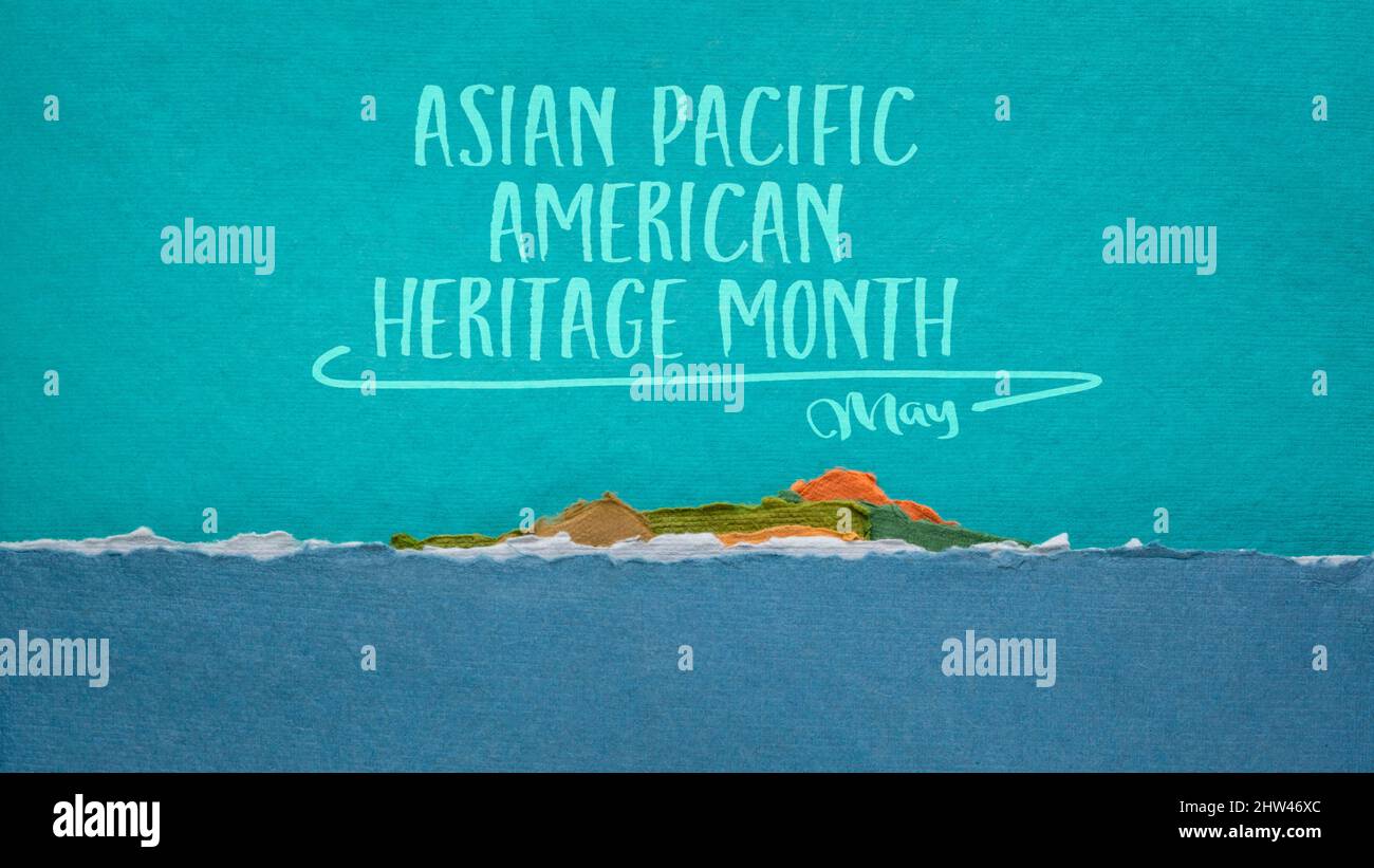 Asian Pacific American Heritage Month, May - handwriting with  abstract paper ocean and island landscape, reminder of cultural event Stock Photo