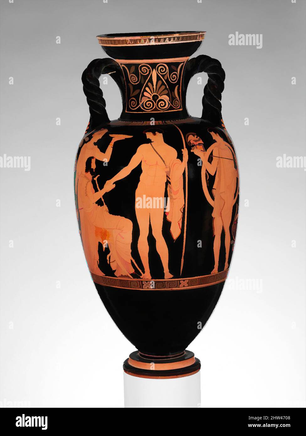 Art inspired by Terracotta neck-amphora (jar) with twisted handles, Classical, ca. 440 B.C., Greek, Attic, Terracotta; red-figure, H. 24 1/8 in. (61.3 cm), Vases, Obverse, Neoptolemos departing, Reverse, man and two women. The magnificent decoration here depicts the departure of a, Classic works modernized by Artotop with a splash of modernity. Shapes, color and value, eye-catching visual impact on art. Emotions through freedom of artworks in a contemporary way. A timeless message pursuing a wildly creative new direction. Artists turning to the digital medium and creating the Artotop NFT Stock Photo