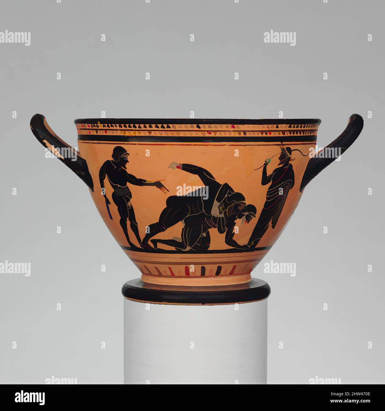 Art inspired by Terracotta skyphos (deep drinking cup), Archaic, ca. 500 B.C., Greek, Attic, Terracotta; black-figure, H. 6 3/8 in. (16.2 cm), Vases, The Pankration was an athletic contest that combined boxing, wrestling, and kicking. In the surviving representations, it is not always, Classic works modernized by Artotop with a splash of modernity. Shapes, color and value, eye-catching visual impact on art. Emotions through freedom of artworks in a contemporary way. A timeless message pursuing a wildly creative new direction. Artists turning to the digital medium and creating the Artotop NFT Stock Photo