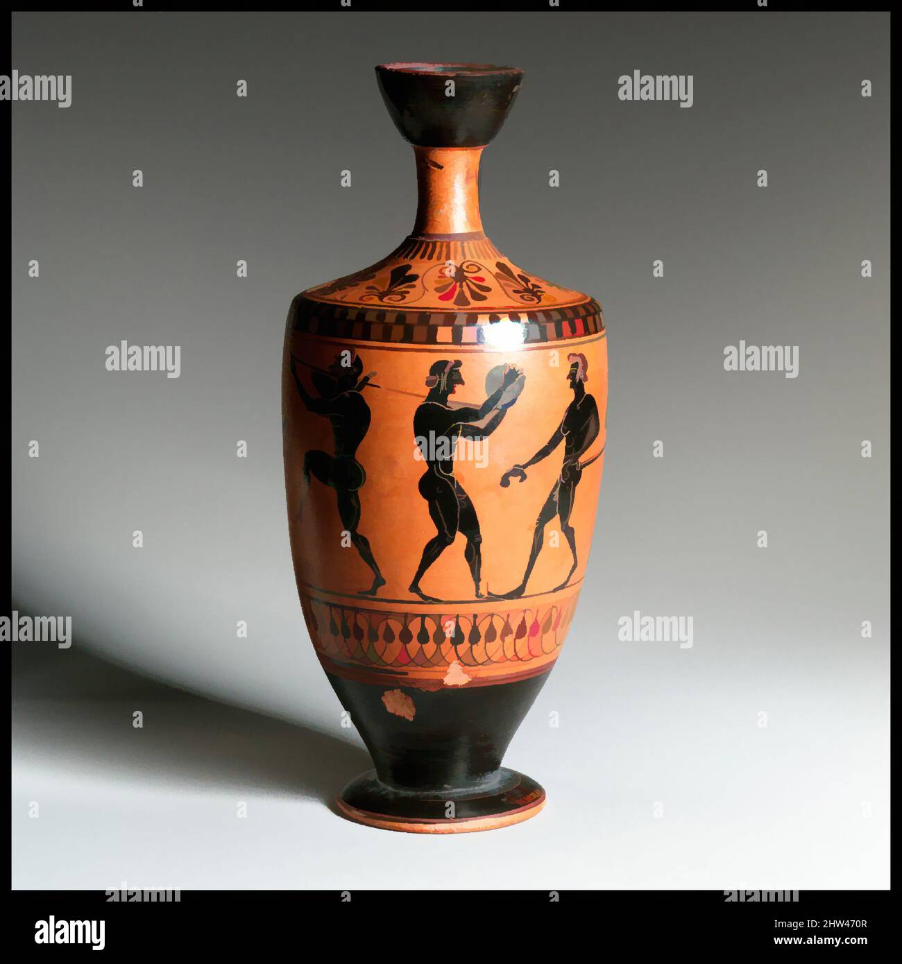 Art inspired by Terracotta lekythos (oil flask), Archaic, late 6th century B.C., Greek, Attic, Terracotta; black-figure, H. 9 5/16 in. (23.7 cm), Vases, Five athletes practicing. The youths and the man are depicted with diskoi, jumping weights, and javelins, Classic works modernized by Artotop with a splash of modernity. Shapes, color and value, eye-catching visual impact on art. Emotions through freedom of artworks in a contemporary way. A timeless message pursuing a wildly creative new direction. Artists turning to the digital medium and creating the Artotop NFT Stock Photo