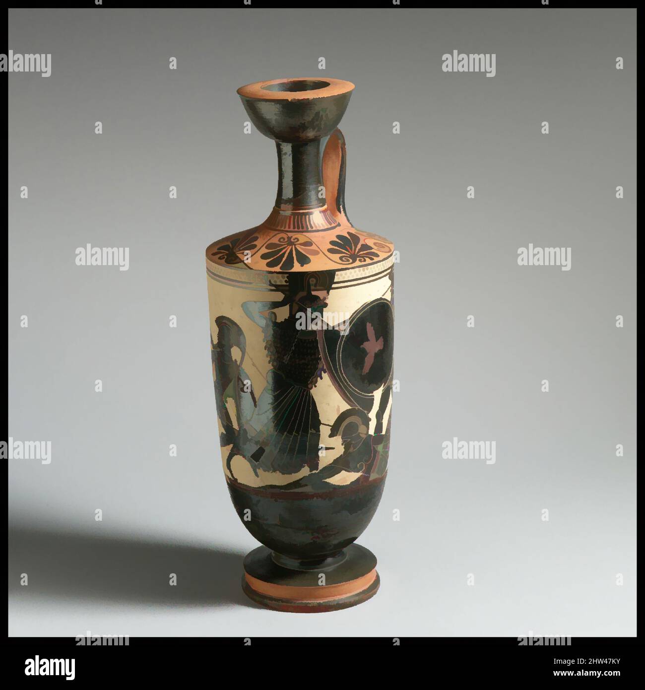 Art inspired by Terracotta lekythos (oil flask), Archaic, 1st quarter of 5th century B.C., Greek, Attic, Terracotta; black-figure, white-ground, H. 6 3/4 in. (17.1 cm), Vases, Gigantomachy (battle of the gods and giants), with Hermes and Athena. In Athens, vases of this type were, Classic works modernized by Artotop with a splash of modernity. Shapes, color and value, eye-catching visual impact on art. Emotions through freedom of artworks in a contemporary way. A timeless message pursuing a wildly creative new direction. Artists turning to the digital medium and creating the Artotop NFT Stock Photo