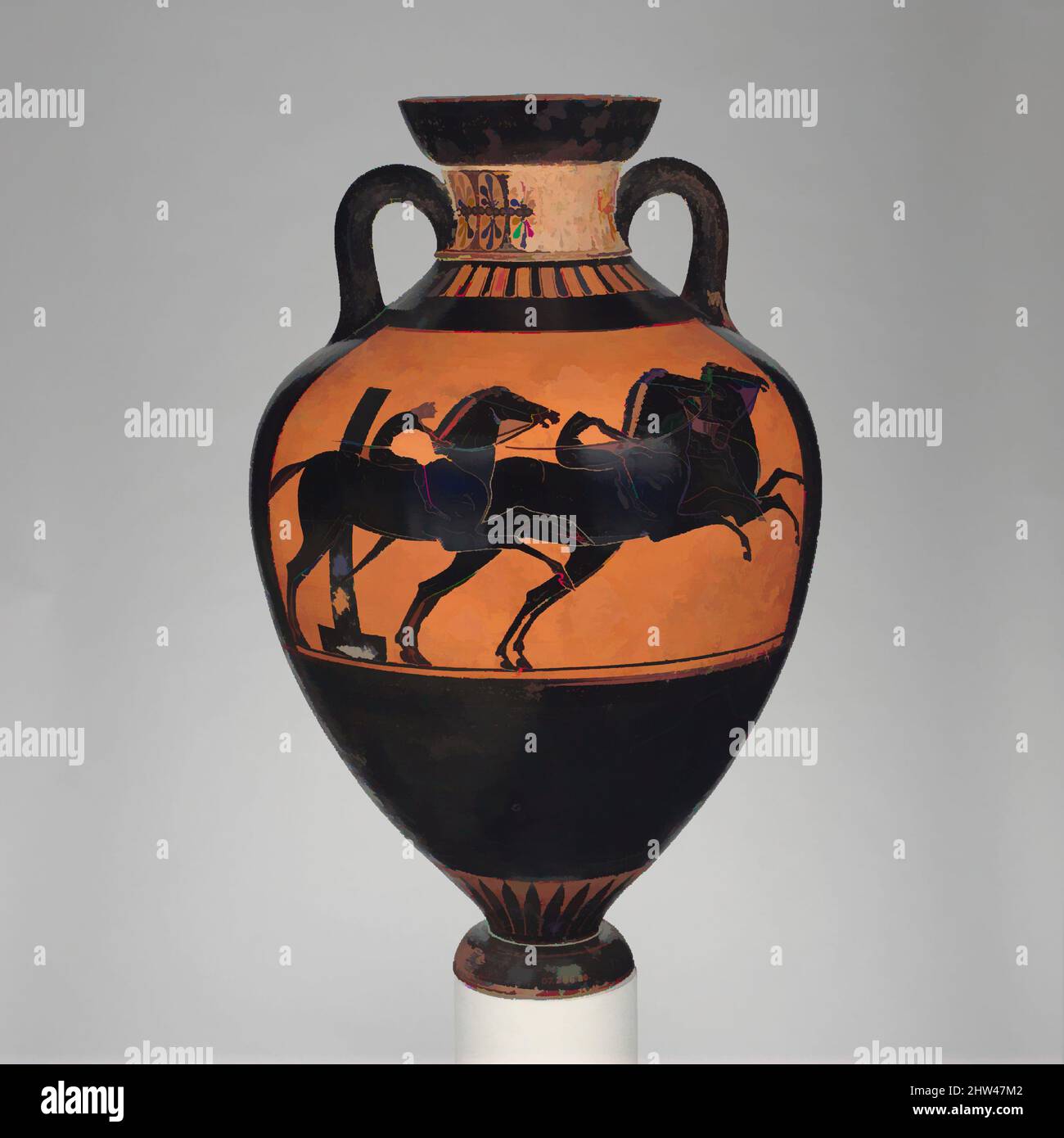 Art inspired by Terracotta Panathenaic prize amphora (jar), Archaic, ca. 510 B.C., Greek, Attic, Terracotta; black-figure, H. 25 in. (63.5 cm), Vases, Obverse, Athena, Reverse, horse race. This representation of a horse race includes the post marking the turn in the course, Classic works modernized by Artotop with a splash of modernity. Shapes, color and value, eye-catching visual impact on art. Emotions through freedom of artworks in a contemporary way. A timeless message pursuing a wildly creative new direction. Artists turning to the digital medium and creating the Artotop NFT Stock Photo