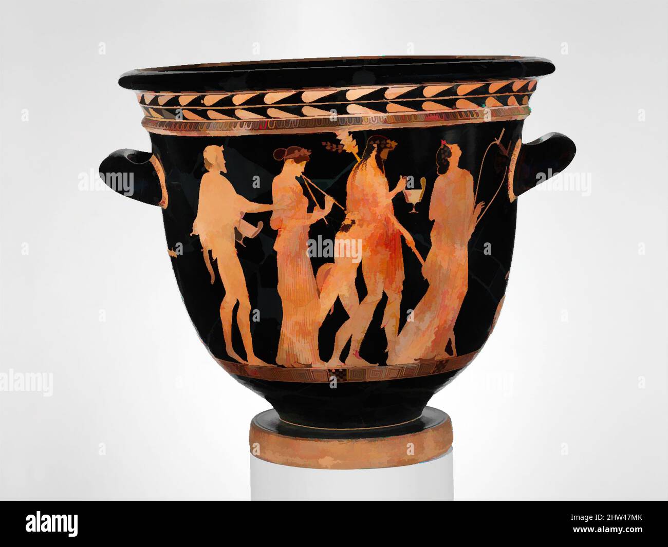 Art inspired by Terracotta bell-krater (bowl for mixing wine and water), Classical, ca. 450 B.C., Greek, Attic, Terracotta; red-figure, H. 19 1/2 in. (49.5 cm), Vases, Obverse and reverse, Dionysos, the god of wine, with his followers, satyrs and maenads. Belonging to the group around, Classic works modernized by Artotop with a splash of modernity. Shapes, color and value, eye-catching visual impact on art. Emotions through freedom of artworks in a contemporary way. A timeless message pursuing a wildly creative new direction. Artists turning to the digital medium and creating the Artotop NFT Stock Photo