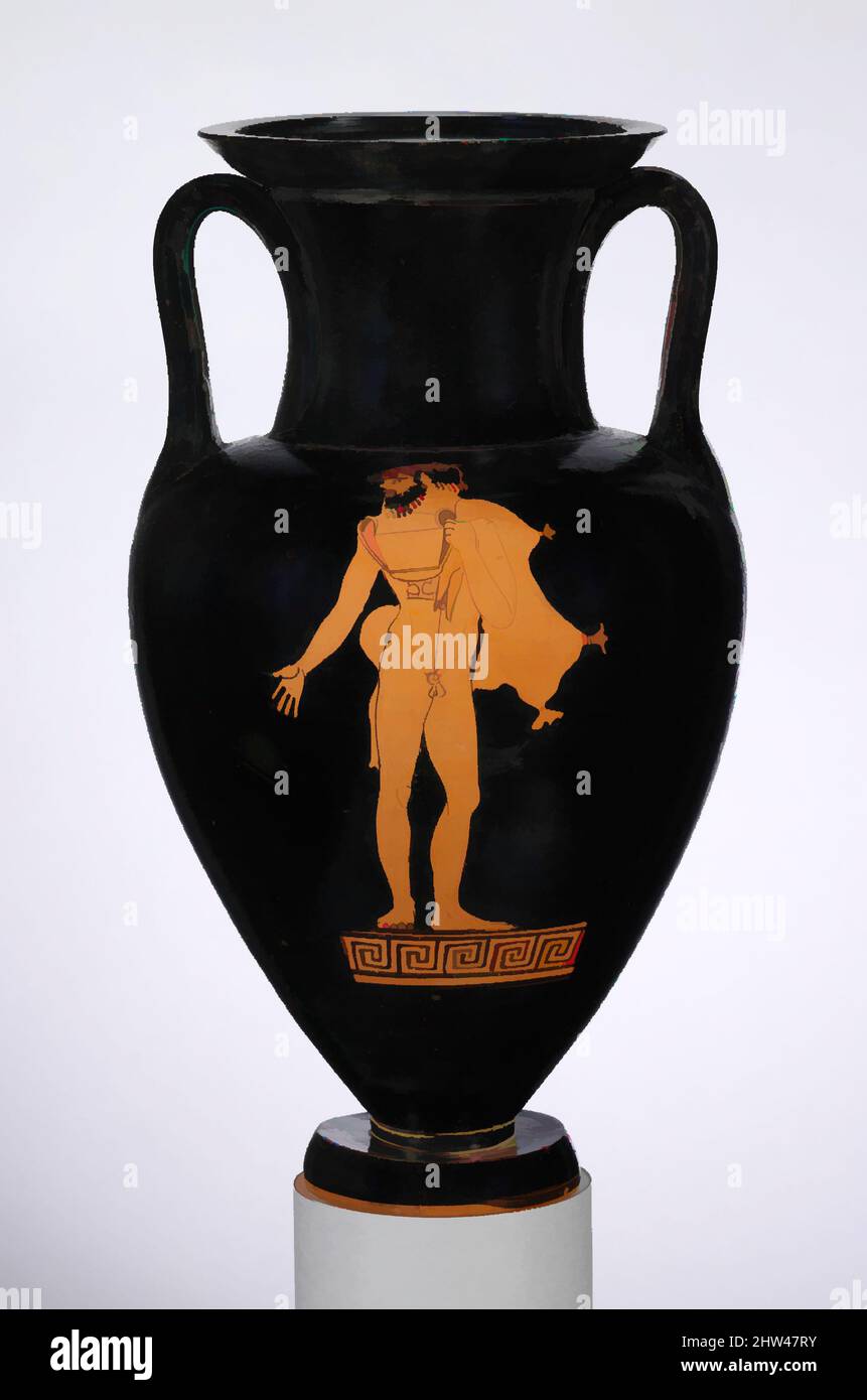 Art inspired by Terracotta Nolan neck-amphora (jar), Classical, ca. 480–470 B.C., Greek, Attic, Terracotta; red-figure, H. 13 in. (33 cm), Vases, Obverse, satyr playing lyre, Reverse, satyr with wineskin. As followers of the wine-god Dionysos, satyrs were traditionally associated with, Classic works modernized by Artotop with a splash of modernity. Shapes, color and value, eye-catching visual impact on art. Emotions through freedom of artworks in a contemporary way. A timeless message pursuing a wildly creative new direction. Artists turning to the digital medium and creating the Artotop NFT Stock Photo