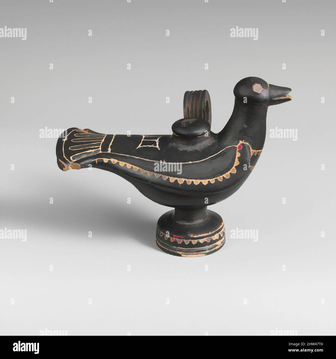Art inspired by Terracotta jug in the form of a bird, Hellenistic, ca. 330–300 B.C., Greek, South Italian, Campanian, Teano, Terracotta, diameter 4 5/8in. (11.7cm), Vases, Ribbed ring handle over left wing of bird, Classic works modernized by Artotop with a splash of modernity. Shapes, color and value, eye-catching visual impact on art. Emotions through freedom of artworks in a contemporary way. A timeless message pursuing a wildly creative new direction. Artists turning to the digital medium and creating the Artotop NFT Stock Photo