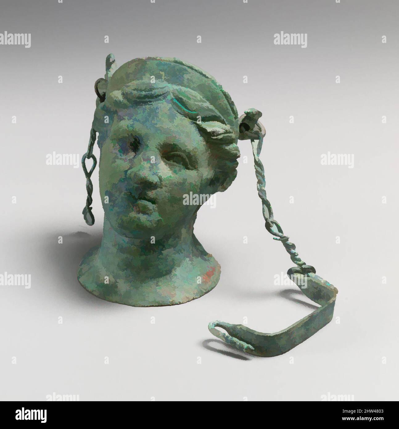 Art inspired by Bronze balsamarium (cosmetics container), Late Classical or Hellenistic, late 4th or early 3rd century B.C., Etruscan, Bronze, H.: 3 3/8 in. (8.6 cm), Bronzes, Small portable bronze containers in the shape of female heads were very popular items during the Etruscan, Classic works modernized by Artotop with a splash of modernity. Shapes, color and value, eye-catching visual impact on art. Emotions through freedom of artworks in a contemporary way. A timeless message pursuing a wildly creative new direction. Artists turning to the digital medium and creating the Artotop NFT Stock Photo