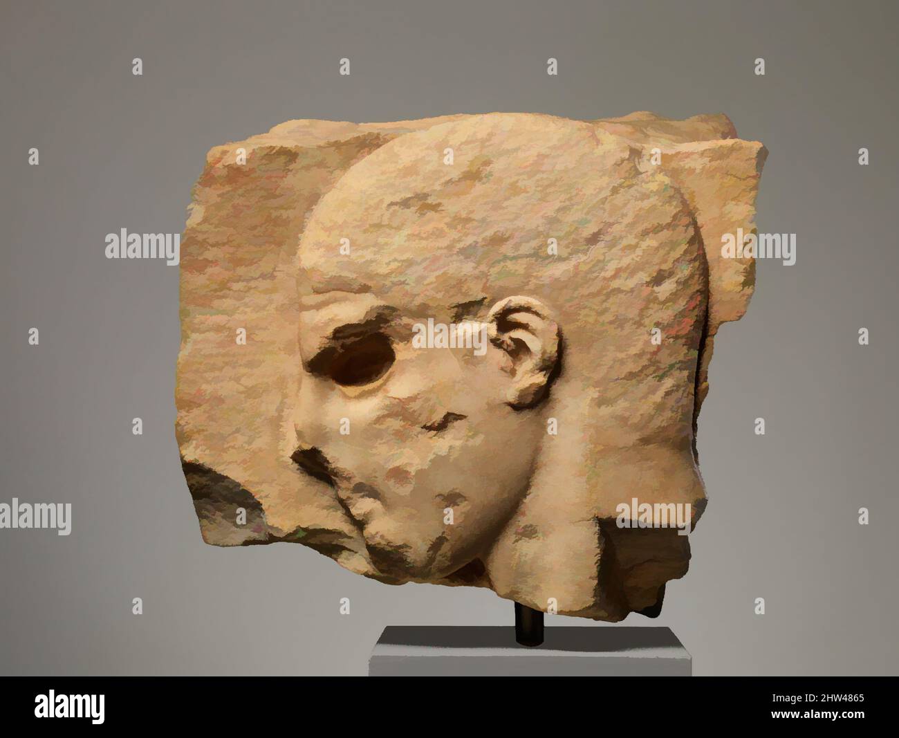 Art inspired by Fragment of a marble grave stele with the head of a youth, Archaic, 1st quarter of the 5th century B.C., Greek, Marble, H. 9 3/4 in. (24.8 cm), Stone Sculpture, The very short hair, well-defined jaw, and unsmiling mouth identify this as a work of the early fifth century, Classic works modernized by Artotop with a splash of modernity. Shapes, color and value, eye-catching visual impact on art. Emotions through freedom of artworks in a contemporary way. A timeless message pursuing a wildly creative new direction. Artists turning to the digital medium and creating the Artotop NFT Stock Photo