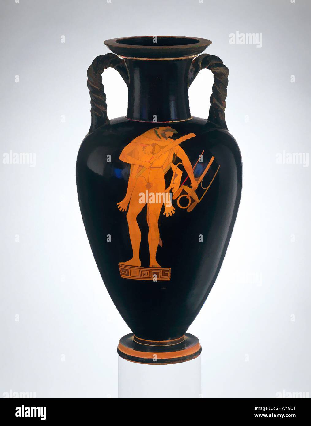 Art inspired by Terracotta neck-amphora (jar) with twisted handles, Archaic, ca. 490–480 B.C., Greek, Attic, Terracotta; red-figure, H. 18 5/8 in. (47.3 cm), Vases, Obverse, Apollo; reverse, Herakles: the struggle for the Delphic tripod. In the Archaic tradition, depictions of the, Classic works modernized by Artotop with a splash of modernity. Shapes, color and value, eye-catching visual impact on art. Emotions through freedom of artworks in a contemporary way. A timeless message pursuing a wildly creative new direction. Artists turning to the digital medium and creating the Artotop NFT Stock Photo