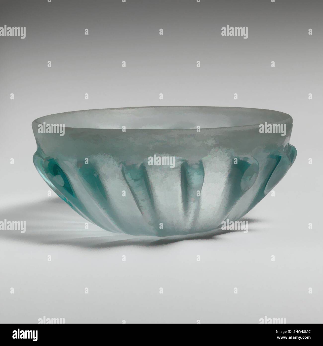 Art inspired by Glass ribbed bowl, Early Imperial, Augustan or Julio-Claudian, late 1st century B.C.–mid-1st century A.D., Roman, Glass; cast and tooled, H.: 2 in. (5.1 cm), Glass, Translucent blue green., Plain rounded rim; sides curving in to slightly uneven, flat bottom., On, Classic works modernized by Artotop with a splash of modernity. Shapes, color and value, eye-catching visual impact on art. Emotions through freedom of artworks in a contemporary way. A timeless message pursuing a wildly creative new direction. Artists turning to the digital medium and creating the Artotop NFT Stock Photo