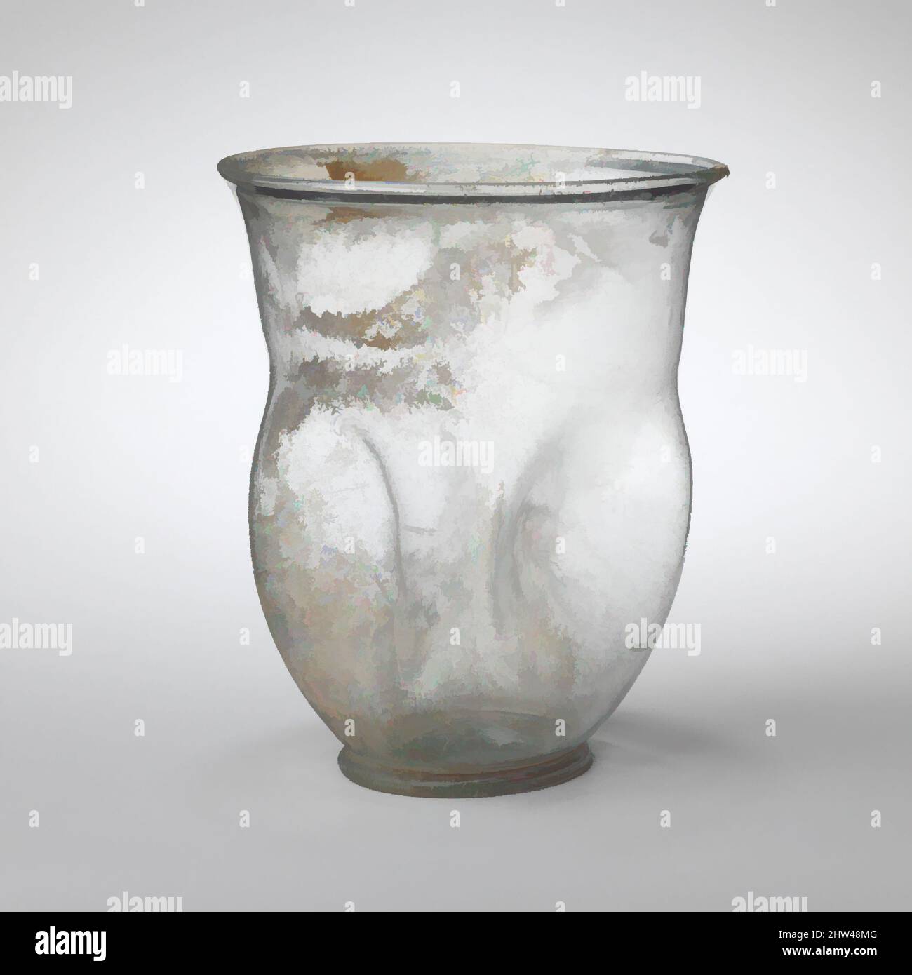 Art inspired by Glass beaker with indented sides, Mid Imperial, 2nd–3rd century A.D., Roman, Glass; blown and tooled, H.: 4 in. (10.2 cm), Glass, Translucent light blue green., Everted rim, with thickened, rounded lip; side tapering downwards, then bulging outwards at corners, and, Classic works modernized by Artotop with a splash of modernity. Shapes, color and value, eye-catching visual impact on art. Emotions through freedom of artworks in a contemporary way. A timeless message pursuing a wildly creative new direction. Artists turning to the digital medium and creating the Artotop NFT Stock Photo