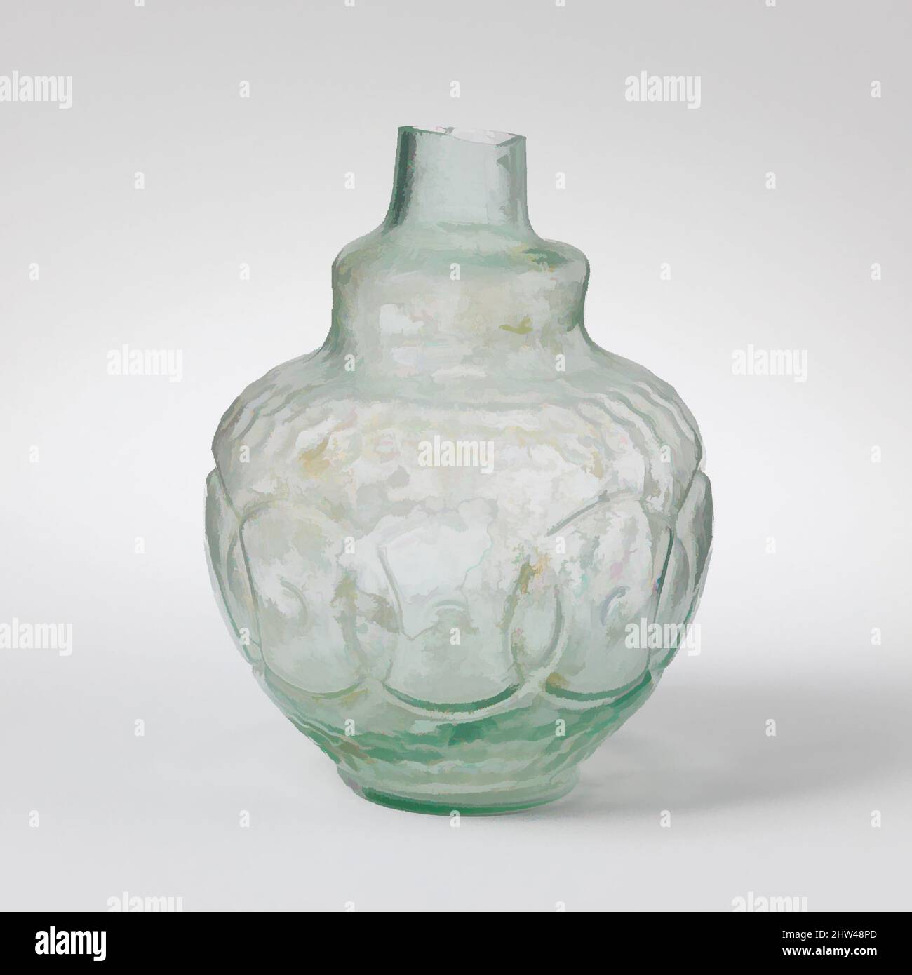 Art inspired by Glass flask decorated with intersecting circles, Imperial, 2nd–3rd century A.D., Roman, Glass; blown in a four-part mold, H.: 4 5/16 in. (11 cm), Glass, Translucent blue green., Unworked, knocked-off rim; short cylindrical neck, expanding downwards; sloping shoulder, Classic works modernized by Artotop with a splash of modernity. Shapes, color and value, eye-catching visual impact on art. Emotions through freedom of artworks in a contemporary way. A timeless message pursuing a wildly creative new direction. Artists turning to the digital medium and creating the Artotop NFT Stock Photo