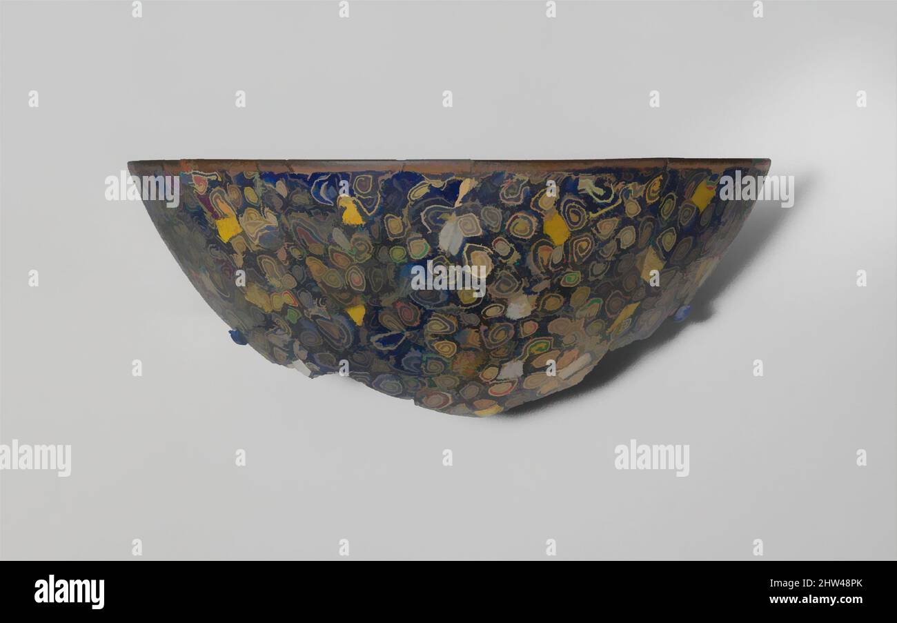 Art inspired by Gold-glass mosaic bowl fragment, Hellenistic, early 2nd century B.C., Greek, Glass; cast, H.: 3 3/8 in. (8.5 cm), Glass, Colorless, colorless with purple tinge, translucent cobalt blue, opaque white, opaque yellow, and gold leaf., Hemispherical bowl fragment with, Classic works modernized by Artotop with a splash of modernity. Shapes, color and value, eye-catching visual impact on art. Emotions through freedom of artworks in a contemporary way. A timeless message pursuing a wildly creative new direction. Artists turning to the digital medium and creating the Artotop NFT Stock Photo