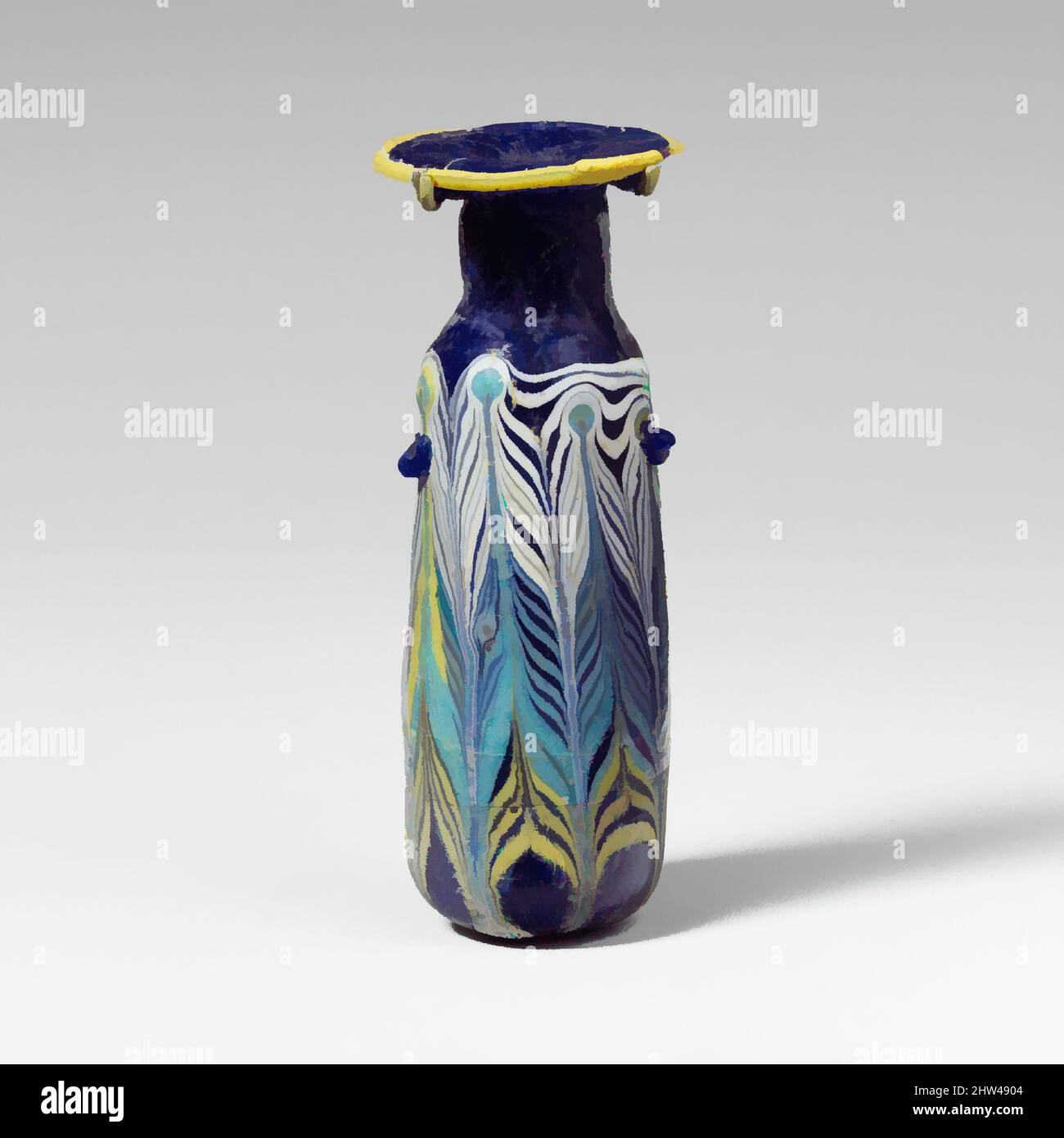 Art inspired by Glass alabastron (perfume bottle), Late Classical or Hellenistic, 4th–3rd century B.C., Eastern Mediterranean or Italian, Glass; core-formed, Group II, H.: 1 in. (2.5 cm), Glass, Translucent cobalt blue, with handles in same color; trails in opaque yellow, opaque white, Classic works modernized by Artotop with a splash of modernity. Shapes, color and value, eye-catching visual impact on art. Emotions through freedom of artworks in a contemporary way. A timeless message pursuing a wildly creative new direction. Artists turning to the digital medium and creating the Artotop NFT Stock Photo