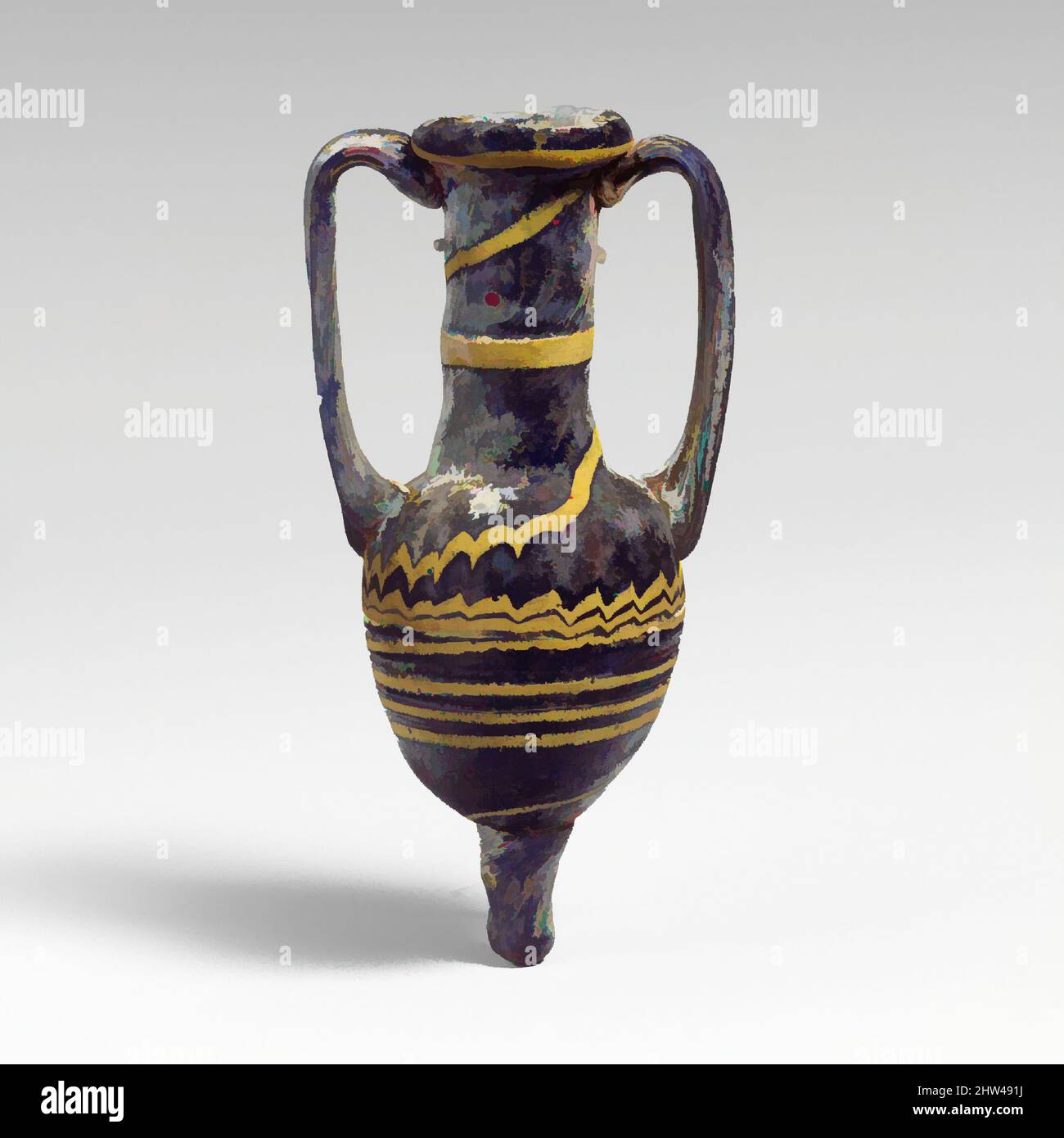 Art inspired by Glass amphoriskos (perfume bottle), Hellenistic, 3rd–2nd century B.C., Greek, Eastern Mediterranean, Glass; core-formed, Group II, H.: 4 in. (10.2 cm), Glass, Translucent cobalt blue with same color handles and base-knob; trails in opaque yellow and opaque white, Classic works modernized by Artotop with a splash of modernity. Shapes, color and value, eye-catching visual impact on art. Emotions through freedom of artworks in a contemporary way. A timeless message pursuing a wildly creative new direction. Artists turning to the digital medium and creating the Artotop NFT Stock Photo