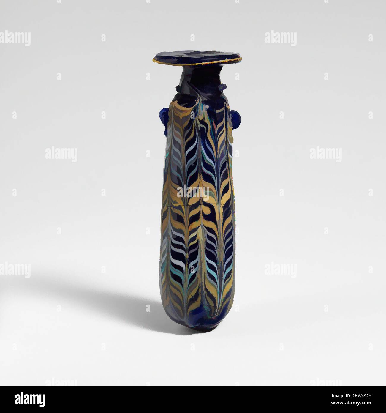Art inspired by Glass alabastron (perfume bottle), Hellenistic, late 4th–early 3rd century B.C., Greek, Eastern Mediterranean or Italian, Glass; core-formed, Group II, H.: 5 1/8 in. (13 cm), Glass, Translucent cobalt blue, with handles in same color; trails in opaque yellow, opaque, Classic works modernized by Artotop with a splash of modernity. Shapes, color and value, eye-catching visual impact on art. Emotions through freedom of artworks in a contemporary way. A timeless message pursuing a wildly creative new direction. Artists turning to the digital medium and creating the Artotop NFT Stock Photo