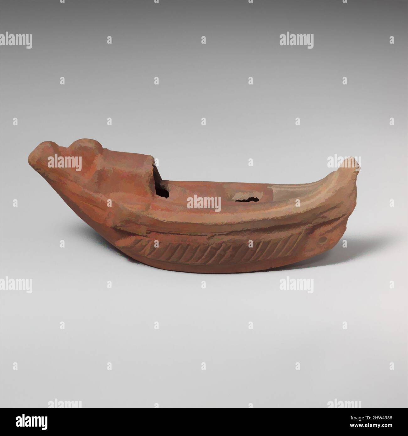 Art inspired by Terracotta oil lamp in the shape of a boat, Mid Imperial, 2nd century A.D., Roman, Egyptian, Terracotta, length 6 1/4in. (15.9cm), Terracottas, Lamp in the form of a boat, Classic works modernized by Artotop with a splash of modernity. Shapes, color and value, eye-catching visual impact on art. Emotions through freedom of artworks in a contemporary way. A timeless message pursuing a wildly creative new direction. Artists turning to the digital medium and creating the Artotop NFT Stock Photo