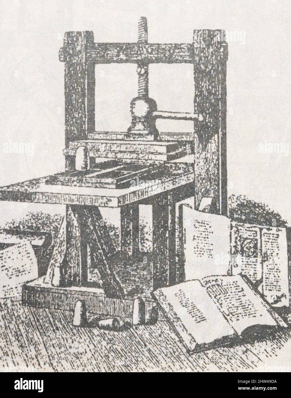 Johannes Gutenberg's printing press. Medieval engraving. Stock Photo
