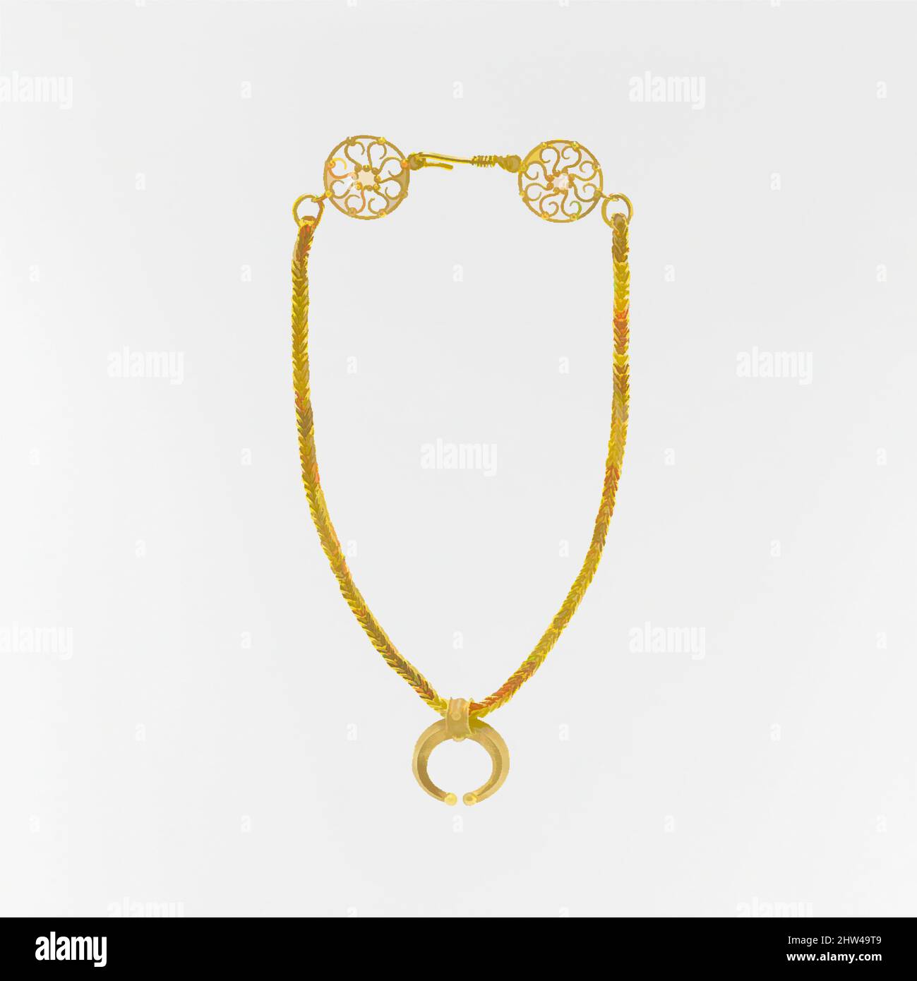 Art inspired by Gold necklace with crescent-shaped pendant, Imperial, 1st–3rd century A.D., Roman, Gold, Other: 14 1/2 in. (36.8 cm), Gold and Silver, Some styles of Roman jewelry were both very long-lived and used throughout the Empire. The wheel-shaped finials and the crescent, Classic works modernized by Artotop with a splash of modernity. Shapes, color and value, eye-catching visual impact on art. Emotions through freedom of artworks in a contemporary way. A timeless message pursuing a wildly creative new direction. Artists turning to the digital medium and creating the Artotop NFT Stock Photo