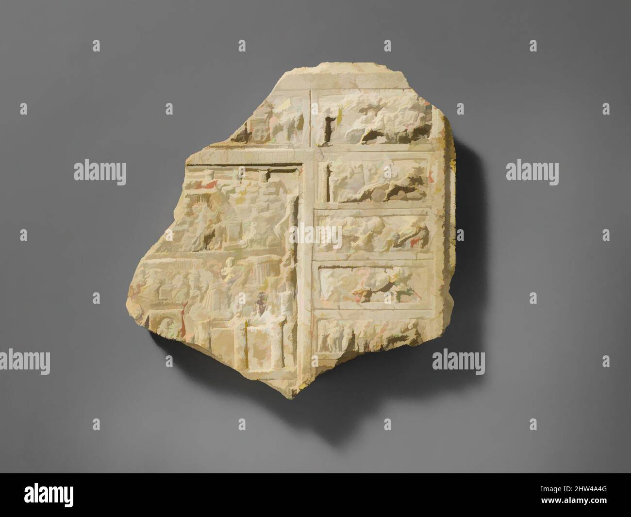 Art inspired by Marble relief fragment with scenes from the Trojan War, Early Imperial, Julio-Claudian, 1st half of 1st century A.D., Roman, Marble, Palombino, 7 1/8 x 6 15/16 in., 1.1kg (18.1 x 17.6 cm), Stone Sculpture, The tabulae iliacae are a series of tablets covered with, Classic works modernized by Artotop with a splash of modernity. Shapes, color and value, eye-catching visual impact on art. Emotions through freedom of artworks in a contemporary way. A timeless message pursuing a wildly creative new direction. Artists turning to the digital medium and creating the Artotop NFT Stock Photo