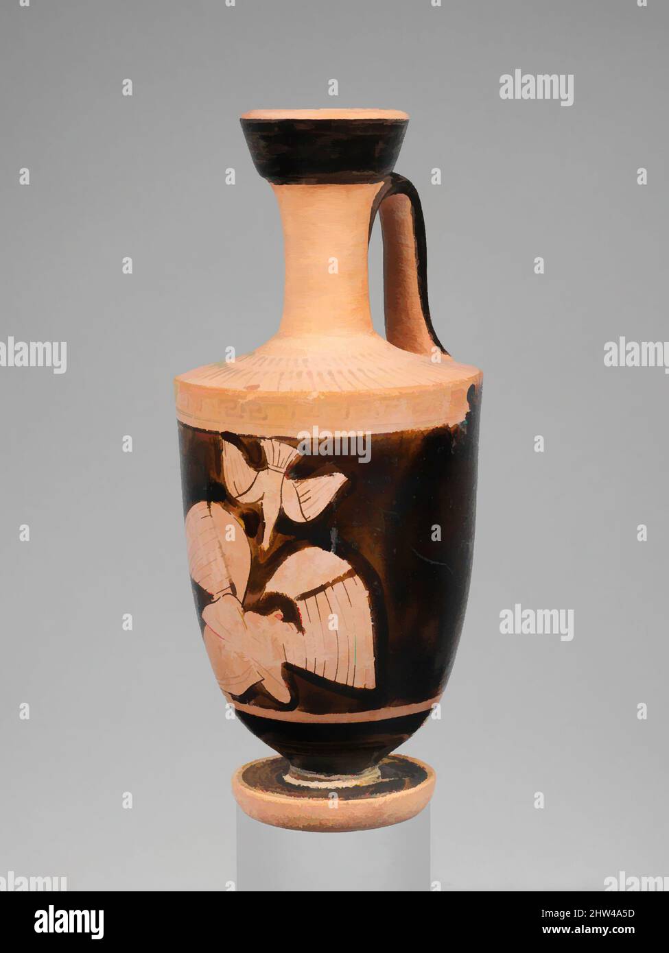 Art inspired by Terracotta lekythos (oil flask), Classical, 2nd quarter of the 5th century B.C., Greek, Attic, Terracotta; red-figure, H. 5 1/2 in. (14 cm), Vases, Winged youth and bird. The identity of the winged figure and of the scene as a whole is unclear. The figure is most often, Classic works modernized by Artotop with a splash of modernity. Shapes, color and value, eye-catching visual impact on art. Emotions through freedom of artworks in a contemporary way. A timeless message pursuing a wildly creative new direction. Artists turning to the digital medium and creating the Artotop NFT Stock Photo