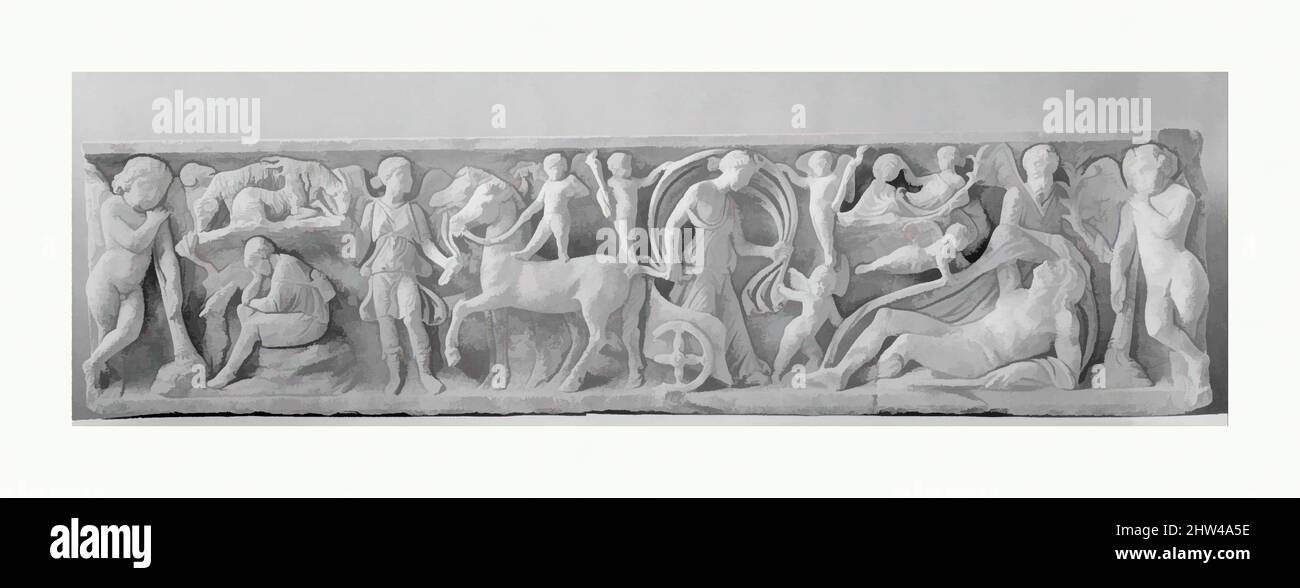 Art inspired by Marble sarcophagus with the myth of Endymion, Antonine, mid-2nd century A.D., Roman, Marble, Overall: 19 1/4 x 78 1/4 x 21 in. (48.9 x 198.8 x 53.3 cm), Stone Sculpture, Found on the Via Ardeatina, on the outskirts of Rome. The myth of Endymion, a beautiful shepherd who, Classic works modernized by Artotop with a splash of modernity. Shapes, color and value, eye-catching visual impact on art. Emotions through freedom of artworks in a contemporary way. A timeless message pursuing a wildly creative new direction. Artists turning to the digital medium and creating the Artotop NFT Stock Photo
