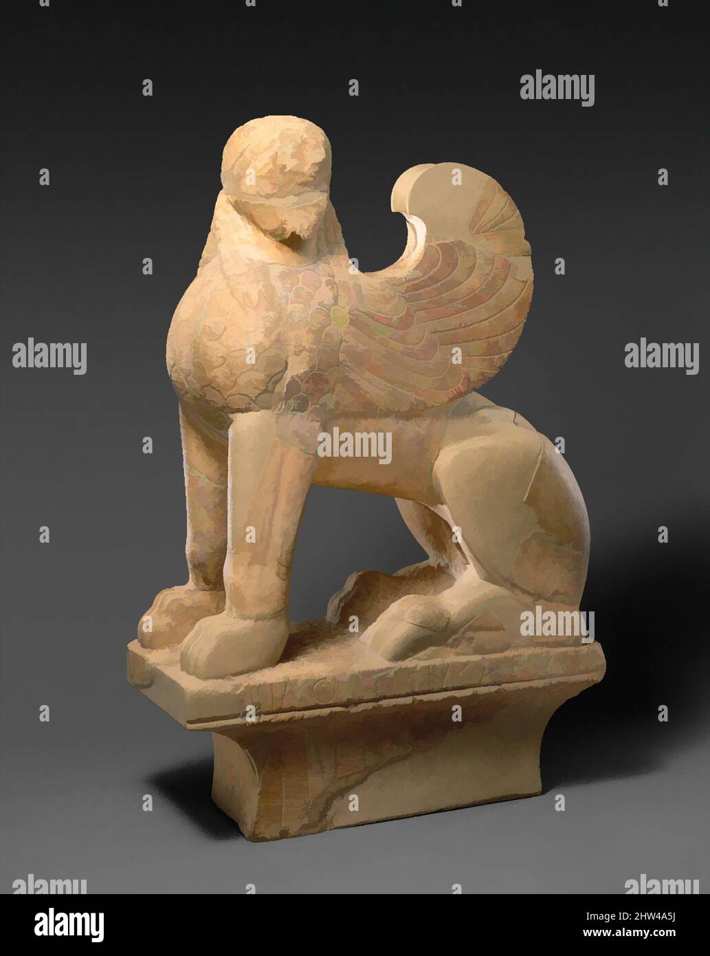 Art inspired by Marble sphinx on a cavetto capital, Archaic, ca. 580–575 B.C., Greek, Attic, Marble, H. with akroterion 28 3/8 in. (72 cm), Stone Sculpture, Inscribed on the plinth, I am the monument of ...linos. This sphinx and capital once crowned the tall grave shaft of a youth or, Classic works modernized by Artotop with a splash of modernity. Shapes, color and value, eye-catching visual impact on art. Emotions through freedom of artworks in a contemporary way. A timeless message pursuing a wildly creative new direction. Artists turning to the digital medium and creating the Artotop NFT Stock Photo
