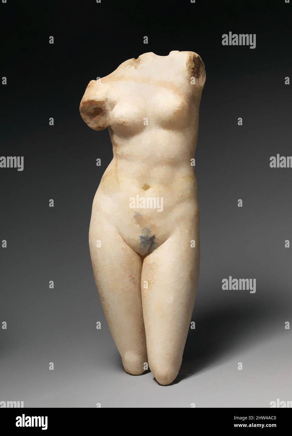 Art inspired by Marble statuette of Aphrodite Anadyomene (rising), Early Imperial, 1st century A.D., Roman, Marble, H. 12 3/16 in. (31 cm), Stone Sculpture, In this graceful pose, Aphrodite was represented with both arms raised, wringing water from her hair, as though she were just, Classic works modernized by Artotop with a splash of modernity. Shapes, color and value, eye-catching visual impact on art. Emotions through freedom of artworks in a contemporary way. A timeless message pursuing a wildly creative new direction. Artists turning to the digital medium and creating the Artotop NFT Stock Photo