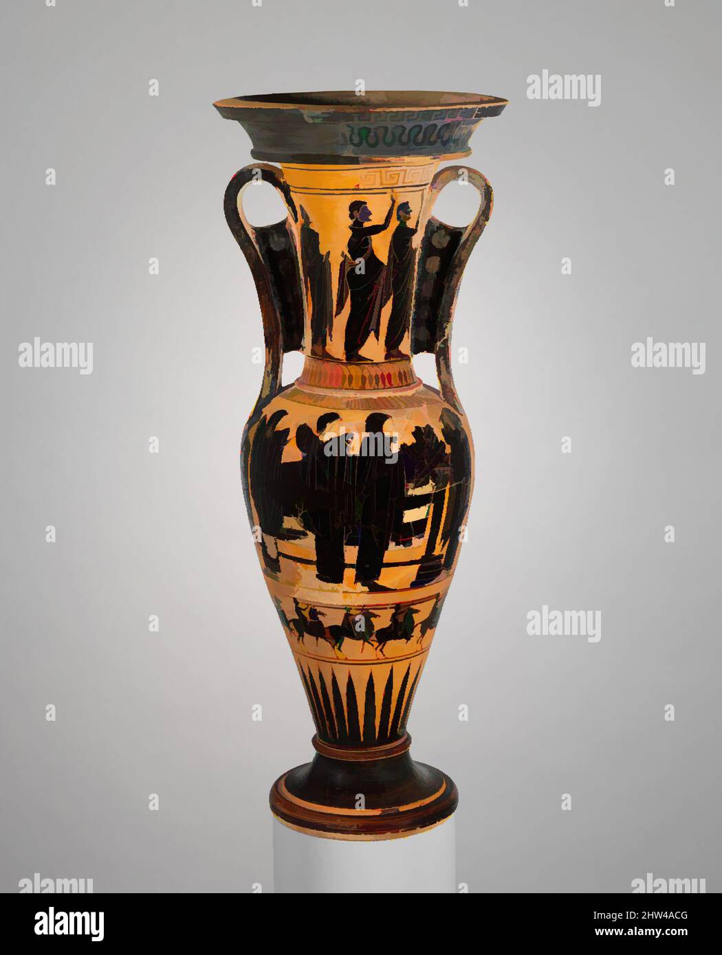 Art inspired by Terracotta loutrophoros (ceremonial vase for water), Archaic, last quarter of 6th century B.C., Greek, Attic, Terracotta; black-figure, H. 29 3/8 in. (74.6 cm), Vases, On the body, obverse, prothesis (laying out of the deceased) with mourners; reverse, mourners, On the, Classic works modernized by Artotop with a splash of modernity. Shapes, color and value, eye-catching visual impact on art. Emotions through freedom of artworks in a contemporary way. A timeless message pursuing a wildly creative new direction. Artists turning to the digital medium and creating the Artotop NFT Stock Photo