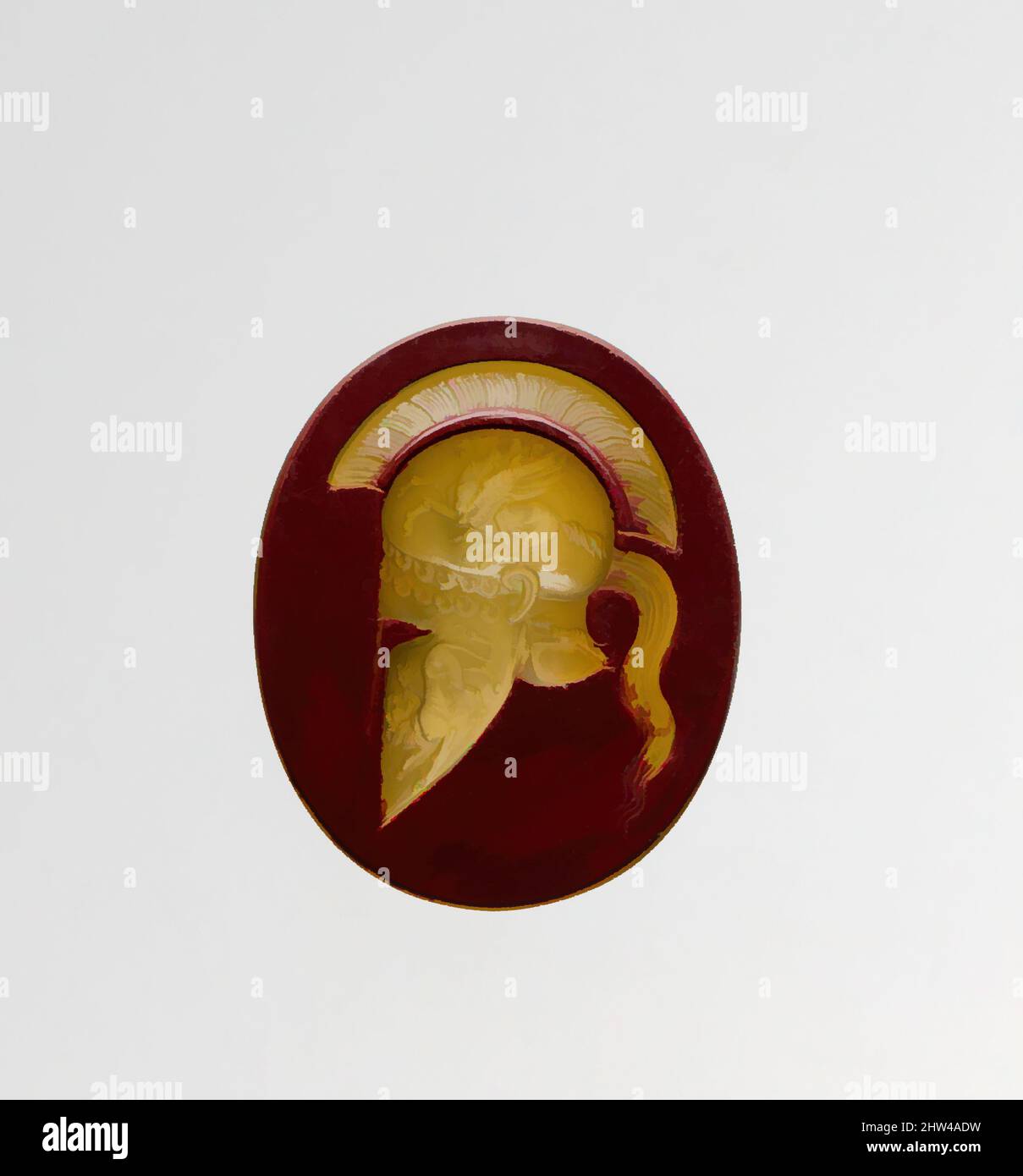 Art inspired by Red jasper ring stone, Late Republican or Imperial, ca. 1st century B.C.–3rd century A.D., Roman, Jasper, Length: 13/16 in. (2.1 cm), Gems, Helmet decorated with Bellerophon on Pegasos; chimaera and dog, Classic works modernized by Artotop with a splash of modernity. Shapes, color and value, eye-catching visual impact on art. Emotions through freedom of artworks in a contemporary way. A timeless message pursuing a wildly creative new direction. Artists turning to the digital medium and creating the Artotop NFT Stock Photo