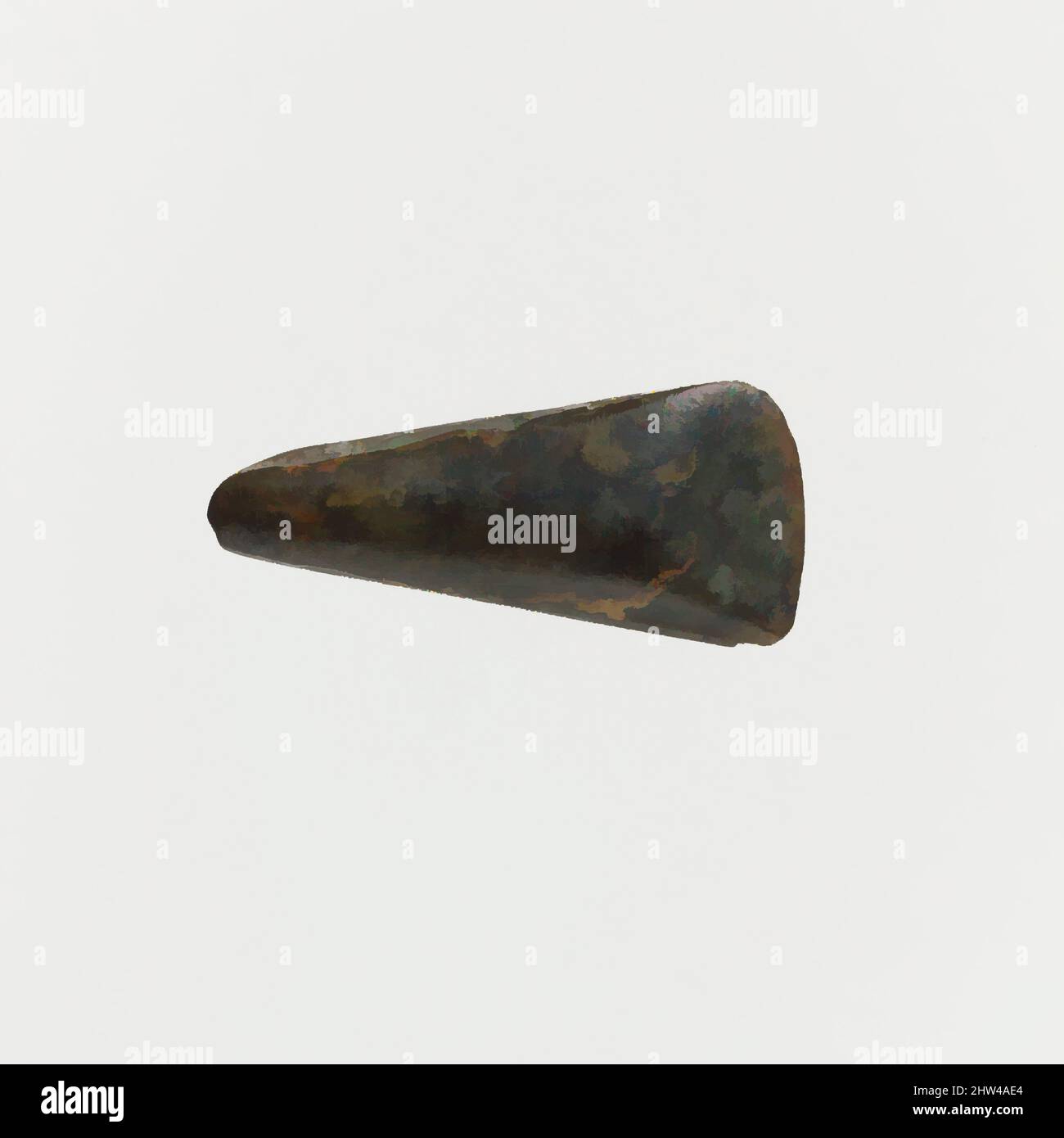 Art inspired by Small hornblende triangular axe, Neolithic, 6th–4th millennium B.C., Cretan, Stone, Length 1 1/4 in. (3.2 cm); H. 1/2 in. (1.2 cm), Miscellaneous-Stone, Celt, Classic works modernized by Artotop with a splash of modernity. Shapes, color and value, eye-catching visual impact on art. Emotions through freedom of artworks in a contemporary way. A timeless message pursuing a wildly creative new direction. Artists turning to the digital medium and creating the Artotop NFT Stock Photo