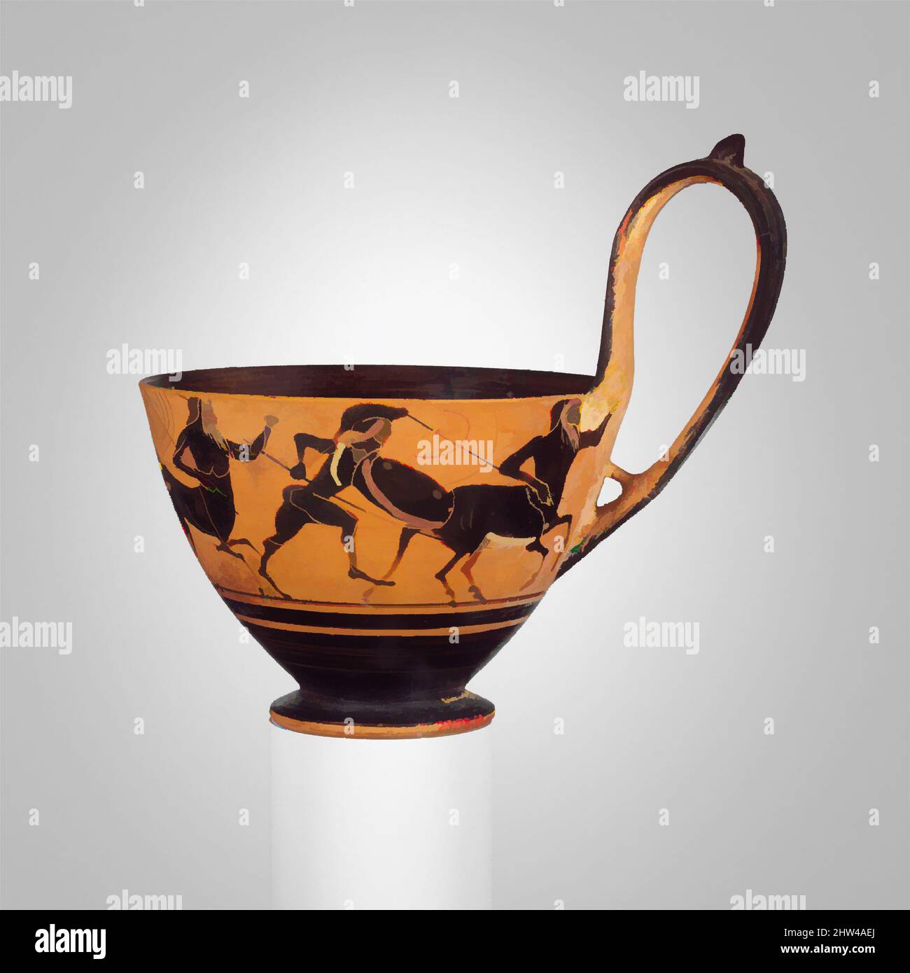 Art inspired by Terracotta kyathos (cup-shaped ladle), Archaic, ca. 530–500 B.C., Greek, Attic, Terracotta; black-figure, 4 15/16in. (12.5cm), Vases, Battle of Lapiths and centaurs. Although kyathoi were made in Athens for export to Etruria, the decoration seems to be typically Greek, Classic works modernized by Artotop with a splash of modernity. Shapes, color and value, eye-catching visual impact on art. Emotions through freedom of artworks in a contemporary way. A timeless message pursuing a wildly creative new direction. Artists turning to the digital medium and creating the Artotop NFT Stock Photo