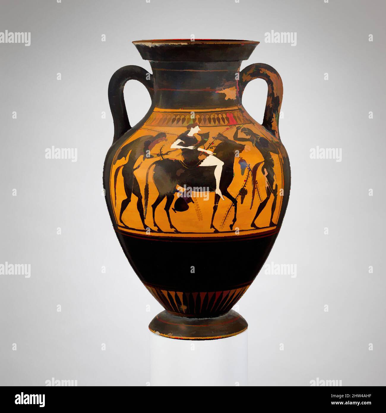 Art inspired by Terracotta amphora (jar), Archaic, last quarter of 6th century B.C., Greek, Attic, Terracotta; black-figure, H. 15 1/8 in. (38.4 cm), Vases, Obverse, banquet scene, Reverse, maenad riding a mule between two satyrs. Although the subject of each side of the amphora is, Classic works modernized by Artotop with a splash of modernity. Shapes, color and value, eye-catching visual impact on art. Emotions through freedom of artworks in a contemporary way. A timeless message pursuing a wildly creative new direction. Artists turning to the digital medium and creating the Artotop NFT Stock Photo