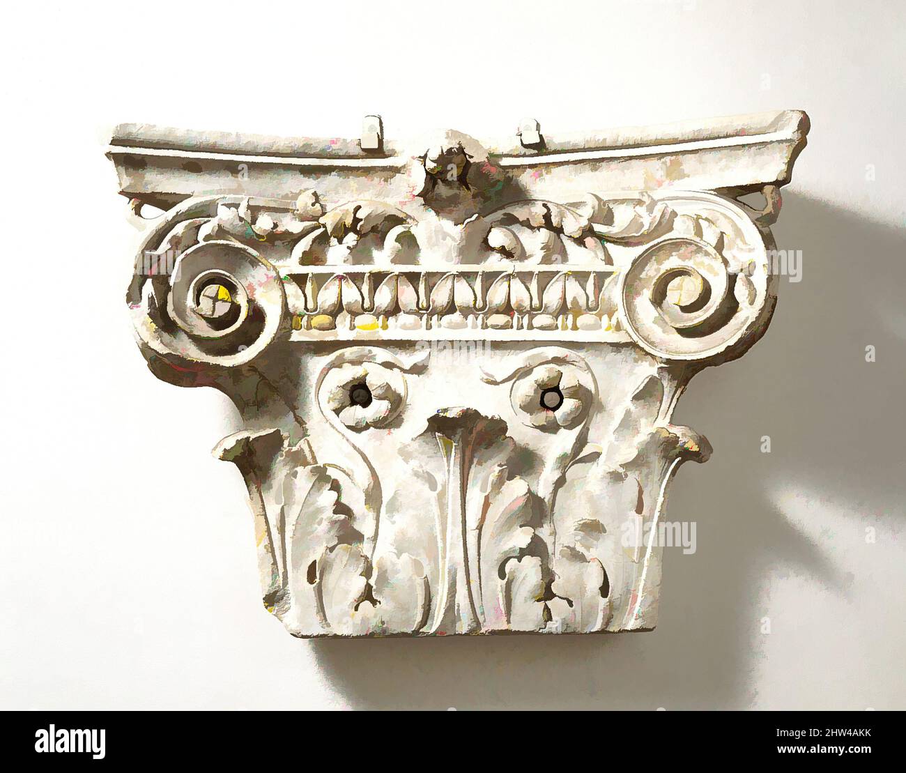 Art inspired by Marble pilaster capital, Early Imperial, Julio-Claudian, 1st half of 1st century A.D., Roman, Marble, Overall: 21 x 28in. (53.3 x 71.1cm), Stone Sculpture, The capital was once set against a wall, crowning a rectangular semi-detached pilaster. In Roman architecture, Classic works modernized by Artotop with a splash of modernity. Shapes, color and value, eye-catching visual impact on art. Emotions through freedom of artworks in a contemporary way. A timeless message pursuing a wildly creative new direction. Artists turning to the digital medium and creating the Artotop NFT Stock Photo
