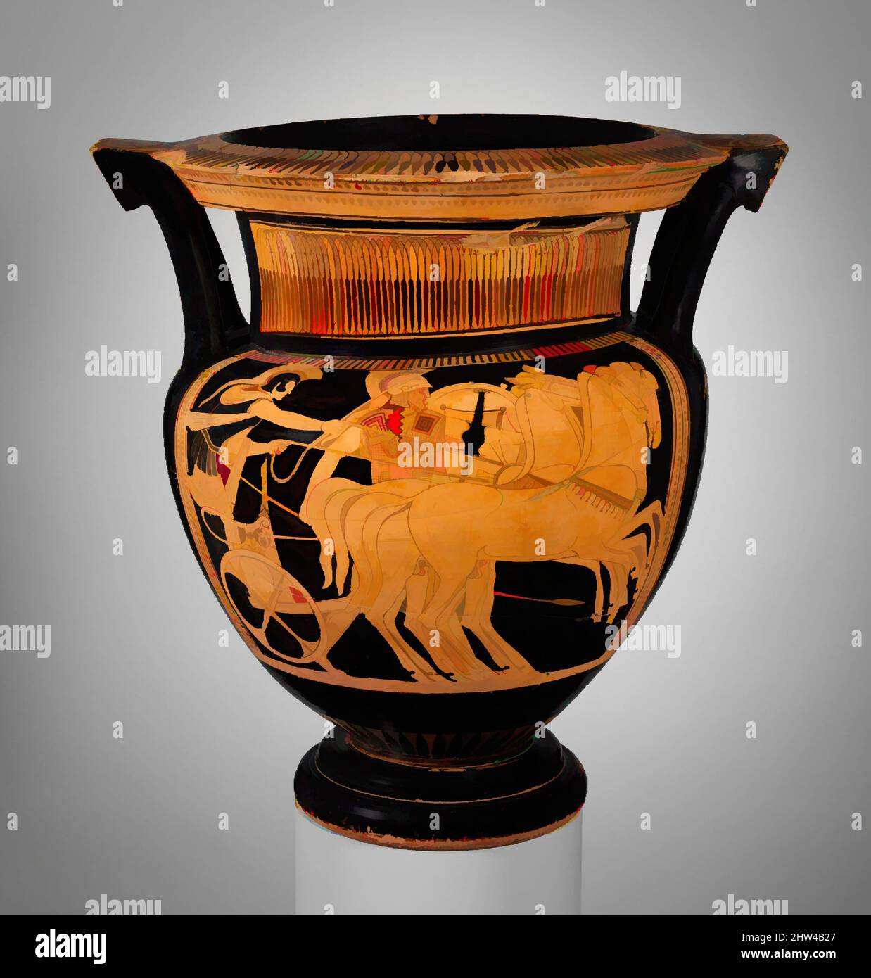 Art inspired by Terracotta column-krater (bowl for mixing wine and water), Classical, ca. 460 B.C., Greek, Attic, Terracotta; red-figure, H. 17 13/16 in. (45.2 cm), Vases, Obverse, warrior and quadriga (four-horse chariot) with driver, Reverse, Dionysos and two maenads. The scene on, Classic works modernized by Artotop with a splash of modernity. Shapes, color and value, eye-catching visual impact on art. Emotions through freedom of artworks in a contemporary way. A timeless message pursuing a wildly creative new direction. Artists turning to the digital medium and creating the Artotop NFT Stock Photo