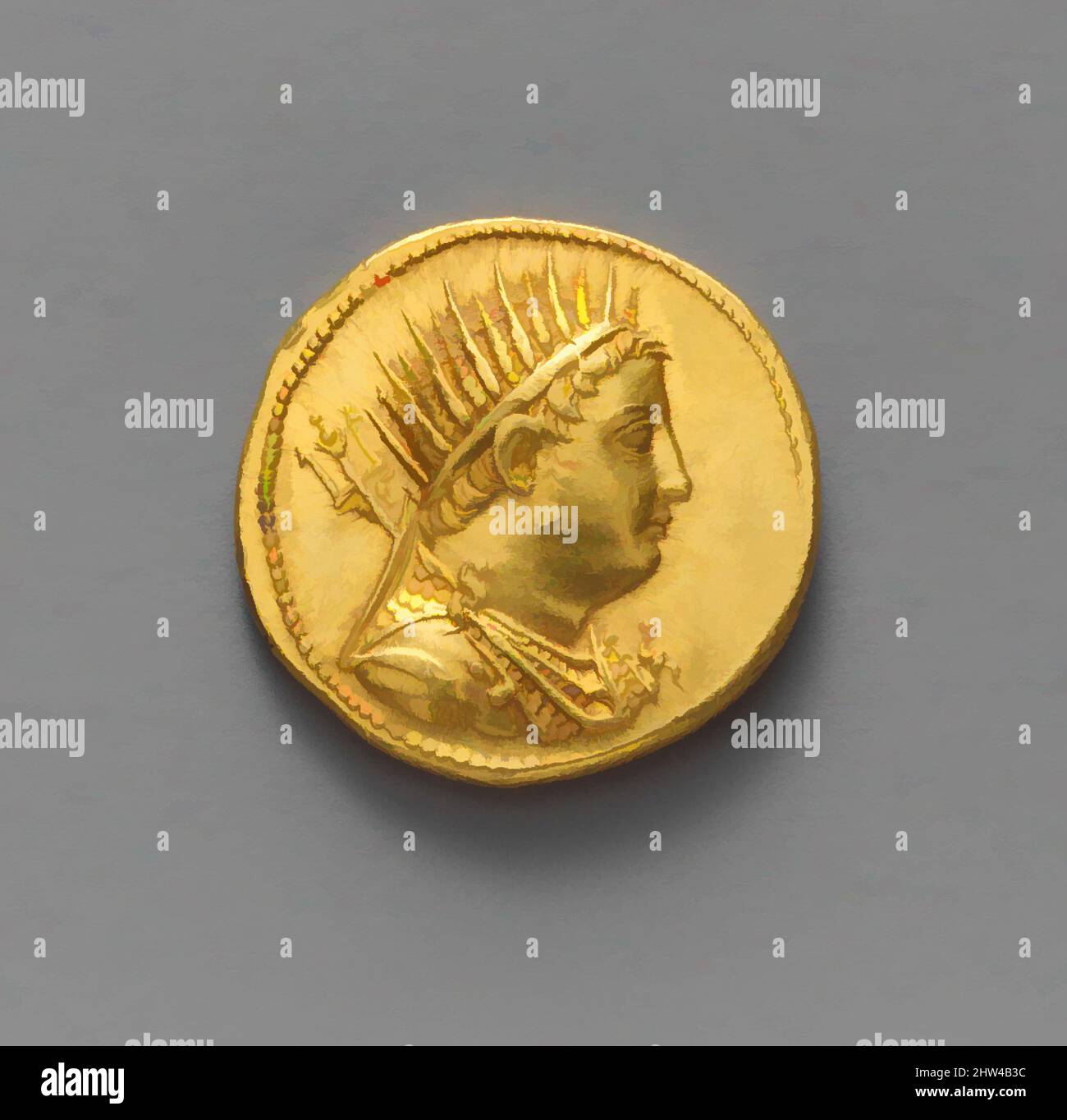 Art inspired by Gold oktadrachm of Ptolemy IV Philopator, Hellenistic, 221–204 B.C., Greek, Ptolemaic, Gold, 1 1/16 in., 0oz. (2.7 cm, 27.77g), Coins, head of Ptolemy III, Euergetes/double cornucopiae, minted in Alexandria, Egypt. Gold and silver were the primary raw materials for, Classic works modernized by Artotop with a splash of modernity. Shapes, color and value, eye-catching visual impact on art. Emotions through freedom of artworks in a contemporary way. A timeless message pursuing a wildly creative new direction. Artists turning to the digital medium and creating the Artotop NFT Stock Photo
