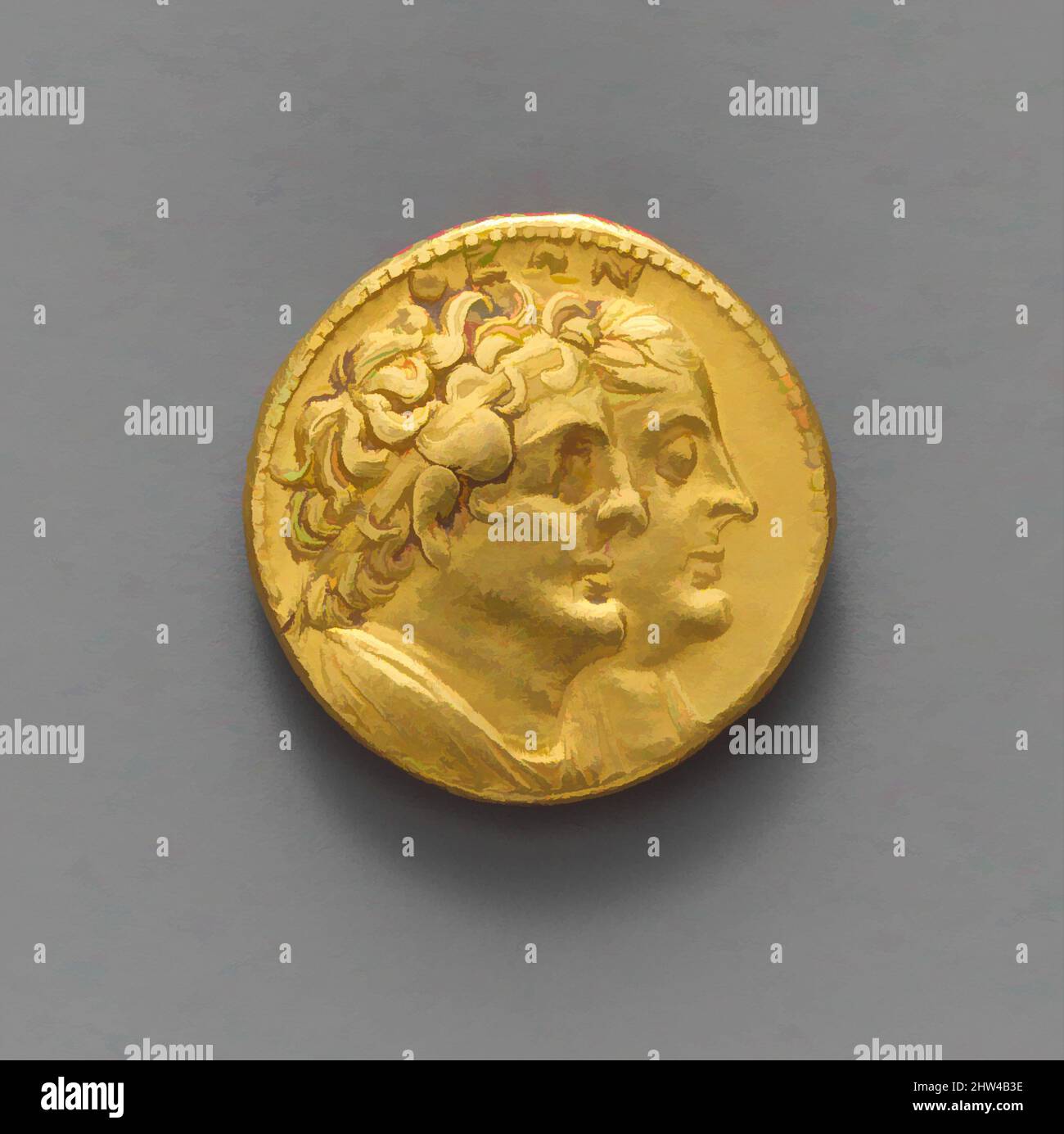 Art inspired by Gold oktadrachm of Ptolemy III Euergetes, Hellenistic, ca. 246–221 B.C., Greek, Ptolemaic, Gold, 1 in., 0oz. (2.5 cm, 27.77g), Coins, conjoined busts of Ptolemy II and Arsinoe II/conjoined busts of Ptolemy I and Berenike I, Alexandria, Classic works modernized by Artotop with a splash of modernity. Shapes, color and value, eye-catching visual impact on art. Emotions through freedom of artworks in a contemporary way. A timeless message pursuing a wildly creative new direction. Artists turning to the digital medium and creating the Artotop NFT Stock Photo