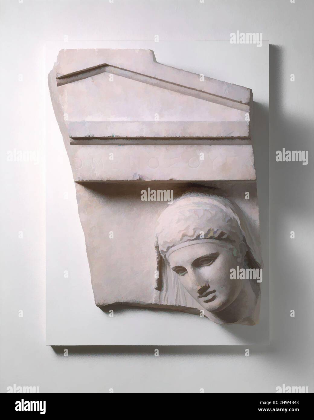 Art inspired by Fragment of a marble grave stele of a woman, Classical, ca. 400–390 B.C., Greek, Attic, Marble, Pentelic, H. 26 7/8 in. (68.2 cm), Stone Sculpture, Inscribed on the architrave 'the daughter of  omenes'. The regular features and simplified planes of this face impart a, Classic works modernized by Artotop with a splash of modernity. Shapes, color and value, eye-catching visual impact on art. Emotions through freedom of artworks in a contemporary way. A timeless message pursuing a wildly creative new direction. Artists turning to the digital medium and creating the Artotop NFT Stock Photo